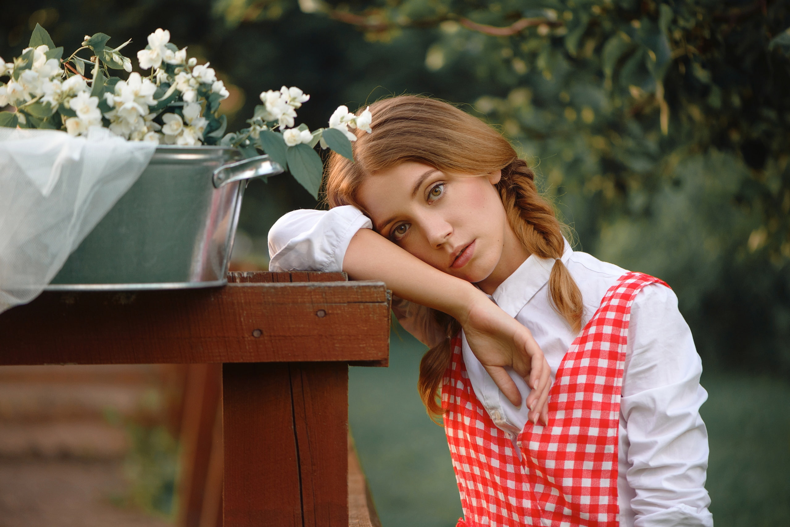 looking at viewer, braids, flowers, women outdoors, dress, 2K, white shirt, portrait, women, shirt, model, brunette, Ksenia Kokoreva, outdoors, HD Wallpaper