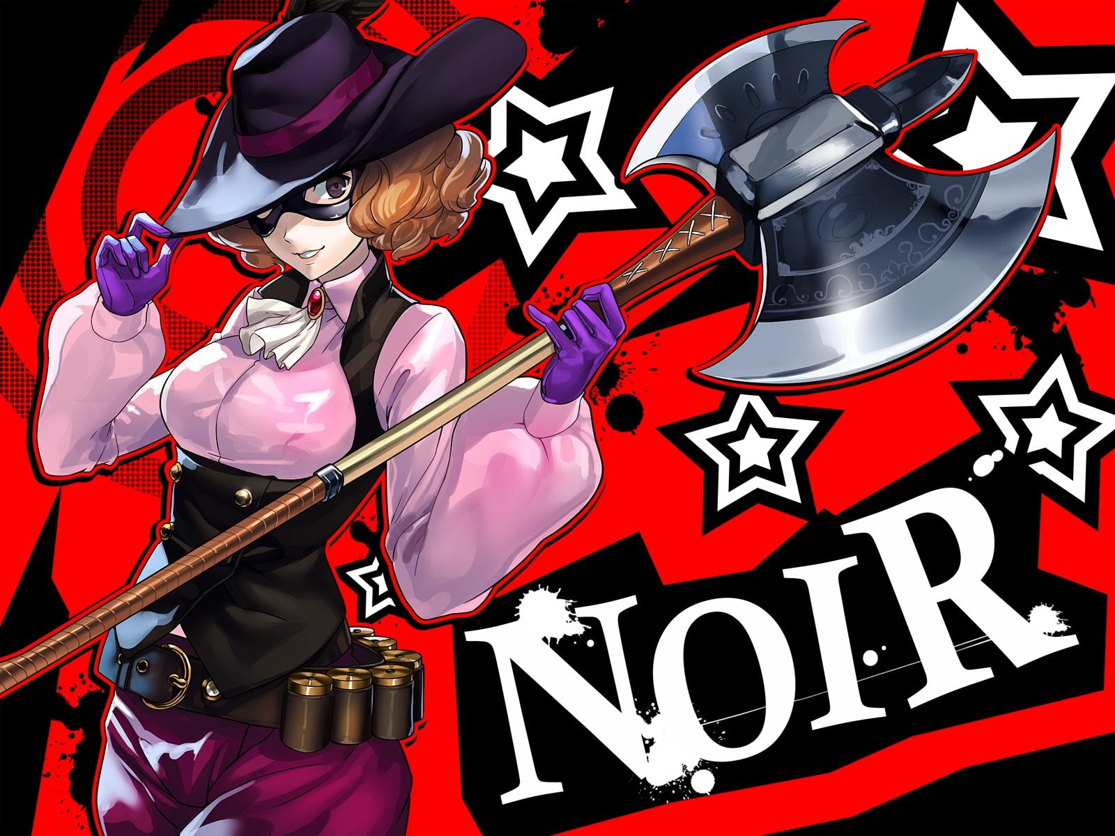 short, gloves, 720P, brown, weapon, eyes, okumura, hat, tagme, persona, haru, red, hair, mask, (artist), HD Wallpaper