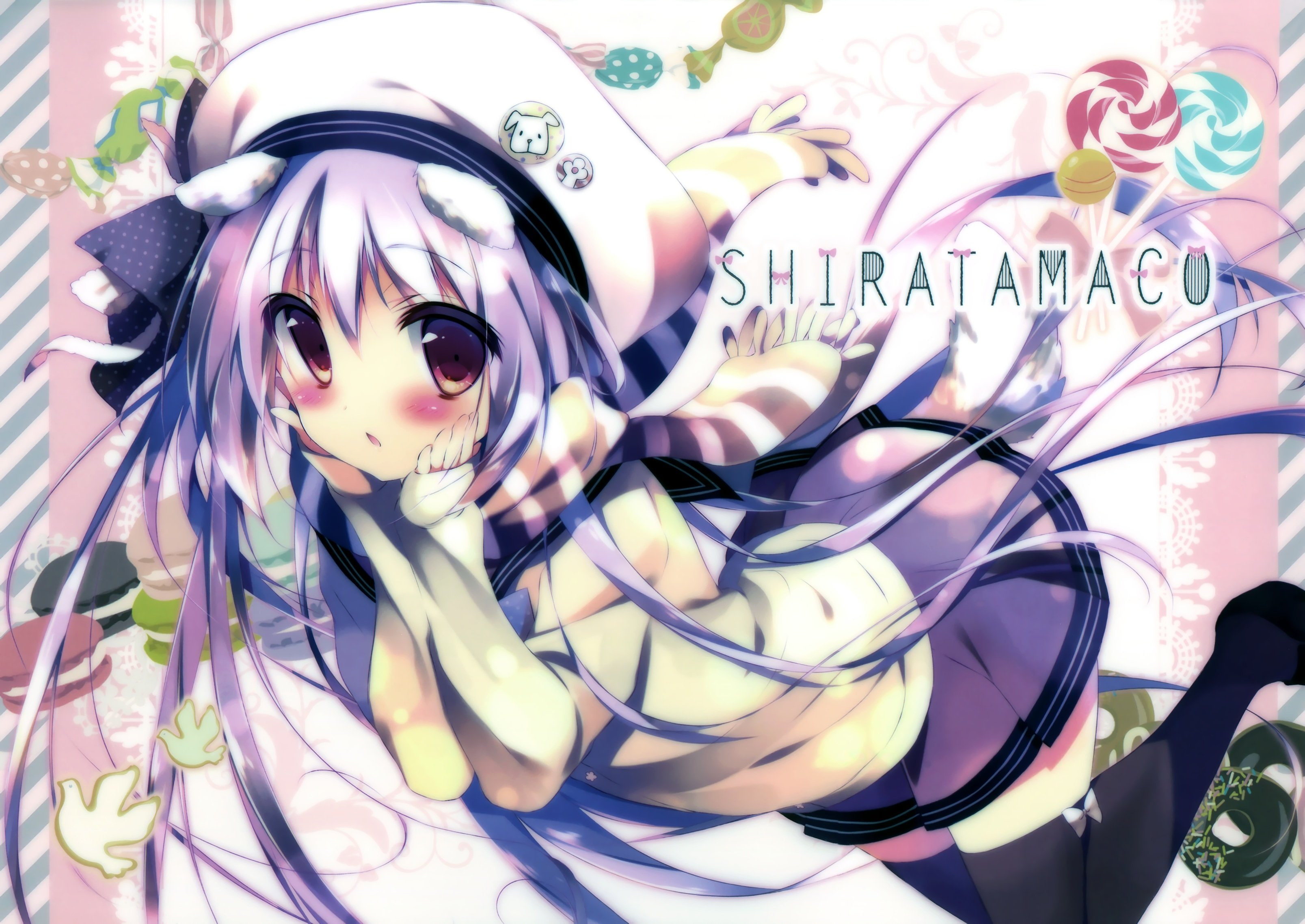 seifuku, 2K, scan, candy, thighhighs, hat, shiratama, hair, blush, long, purple, original, scarf, HD Wallpaper