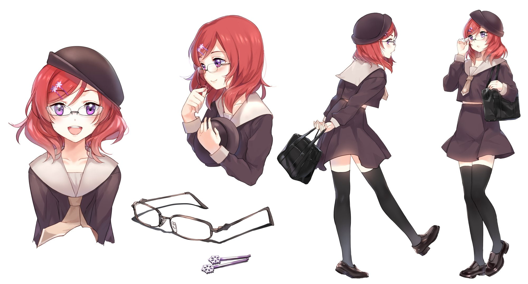 blush, project, thighhighs, sheska, hat, live!, nishikino, seifuku, eyes, idol, short, glasses, white, 1080P, maki, love, school, purple, xue, hair, red, HD Wallpaper
