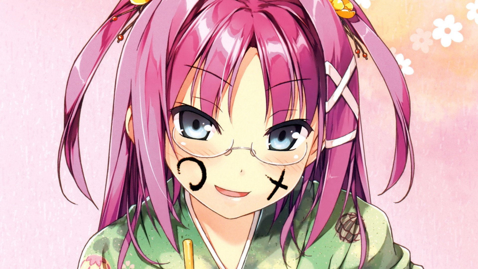 kantoku, japanese, artist, 1080P, scans, clothes, sasao, mouth, eyes, mazel, anime, girls, soukai, ribbons, open, long, glasses, blush, ink, hair, pink, HD Wallpaper