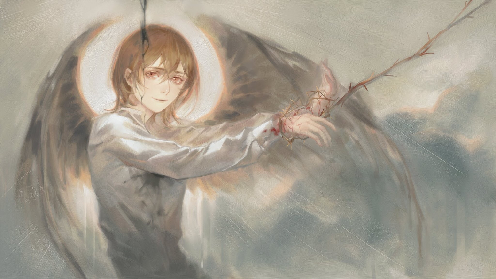 waist up, nature, glass - material, wings, spirituality, day, akechi goro, front view, persona 5, angel, religion, window, hairstyle, motion, sad smile, HD Wallpaper