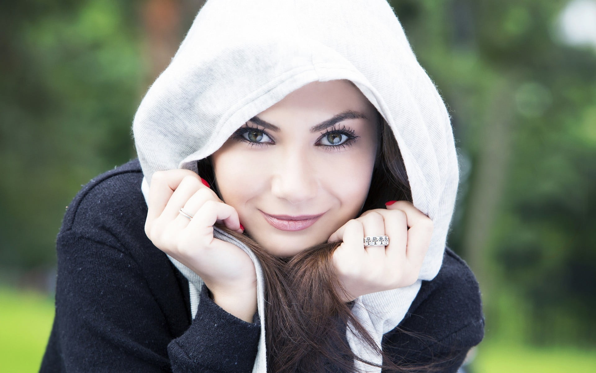 hood - clothing, black, portrait, human face, hand, looking at camera, happiness, young women, women, clothing, adult, one person, beautiful woman, headshot, HD Wallpaper