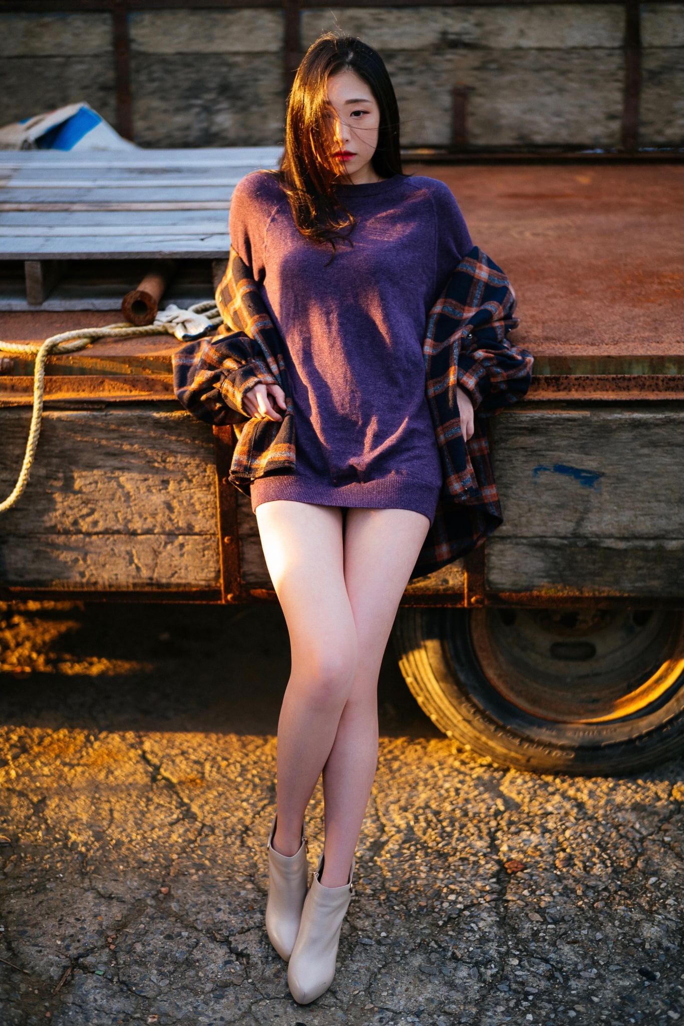 boots, outdoors, looking at viewer, sunset, dress, hair in face, brunette, coats, women outdoors, model, long hair, women, 1080P, sweatshirts, portrait, Phone HD Wallpaper