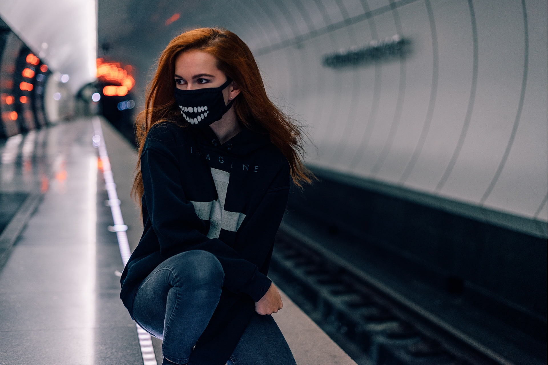 long hair, jeans, looking away, sweatshirts, model, subway, 1080P, mask, portrait, women, HD Wallpaper