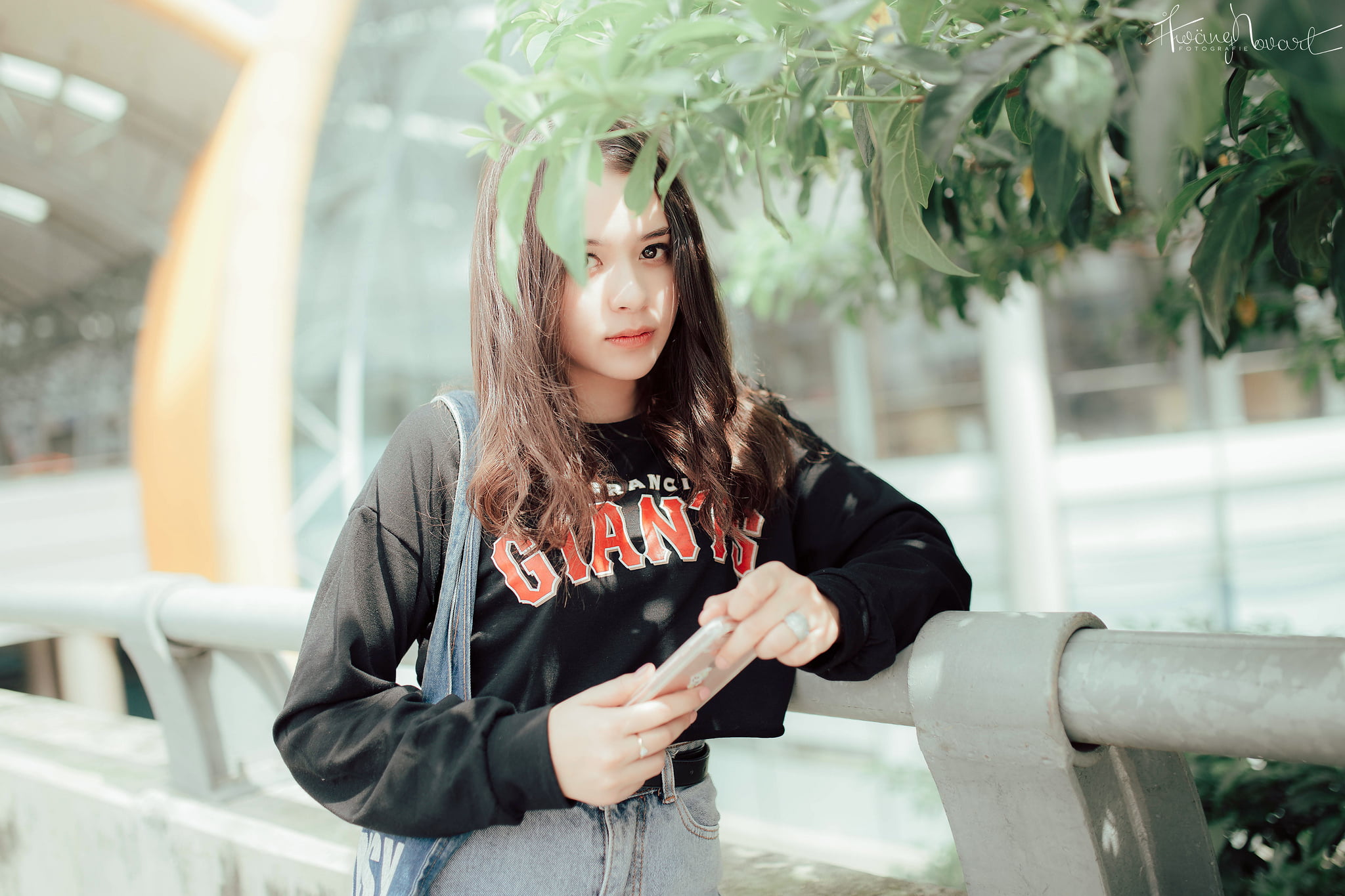 1080P, long hair, beauty, hair, waist up, women outdoors, contemplation, women, smartphone, casual clothing, model, sweatshirts, one person, Asian, lifestyles, HD Wallpaper