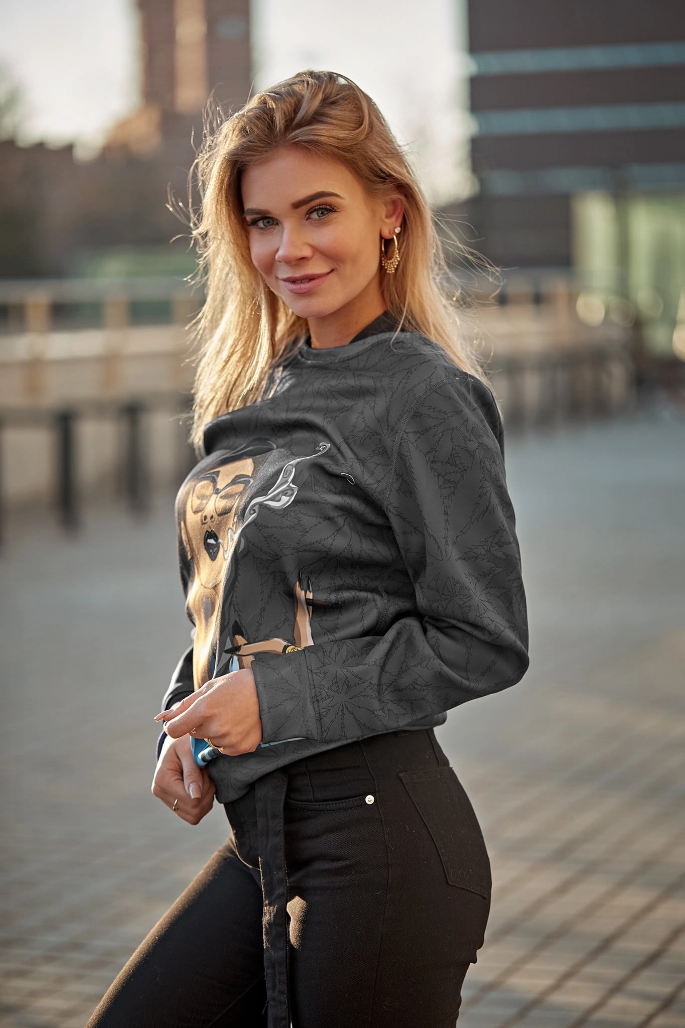 depth of field, looking at viewer, sunlight, pants, blonde, women outdoors, women, Paweł Paoro Witkowski, smiling, portrait display, sweatshirts, 1080P, Phone HD Wallpaper