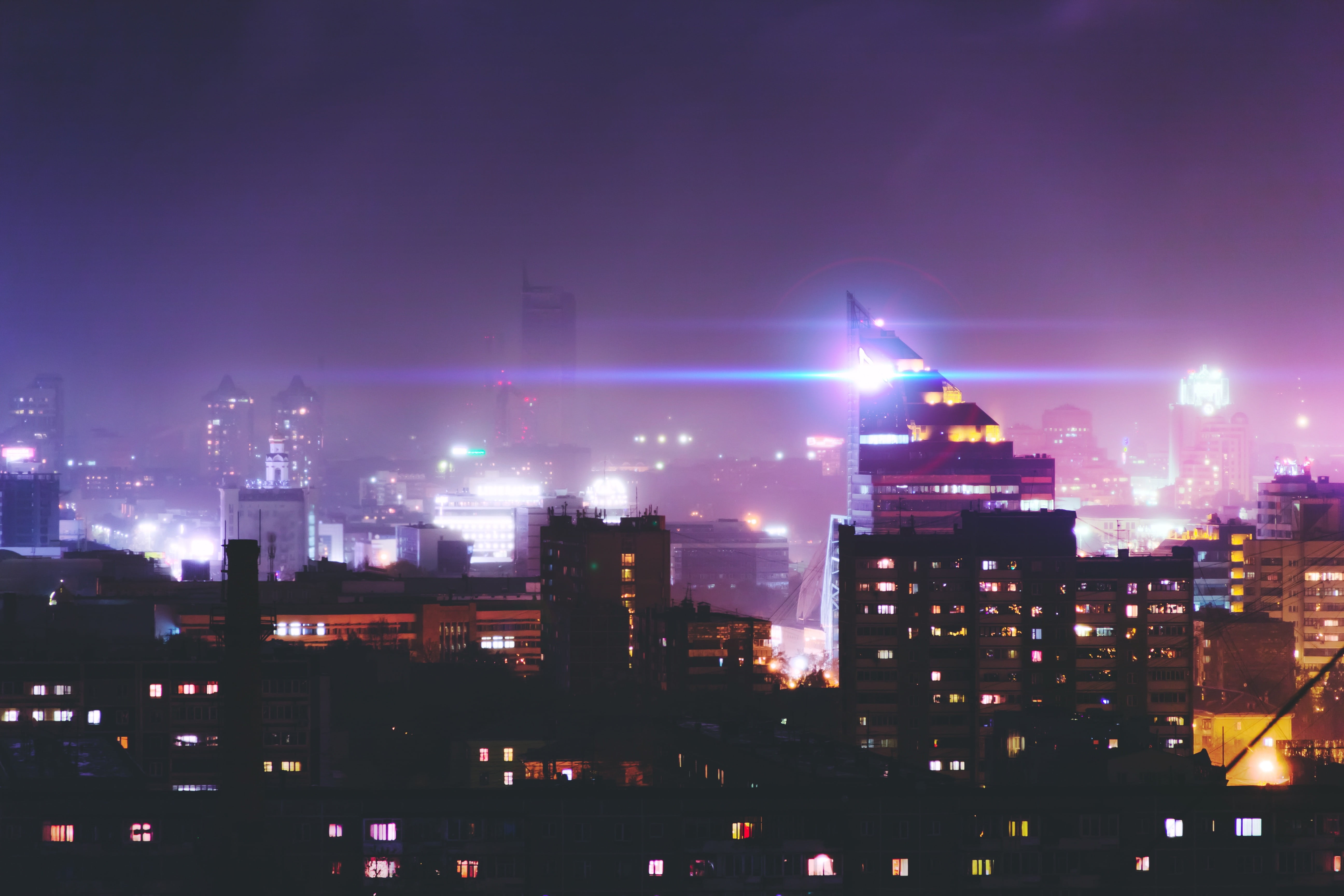 office building exterior, 5K, sky, lens flare, city, landscape, no people, built structure, illuminated, science fiction, cityscape, skyscraper, building, HD Wallpaper