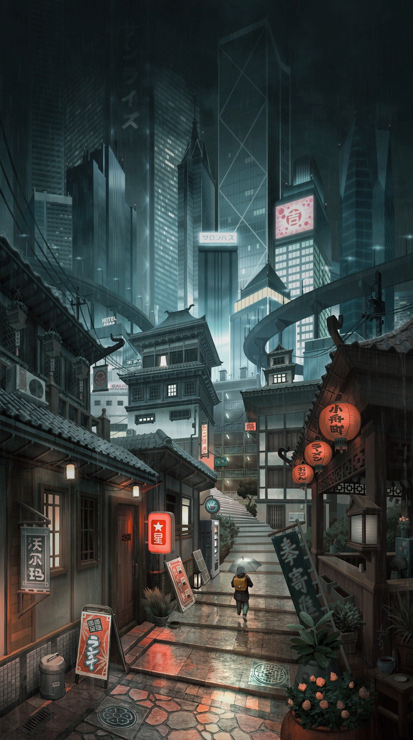 city, Alleyway, artwork, Skyscraper, digital art, 1080P, Japan, Cityscape, Phone HD Wallpaper