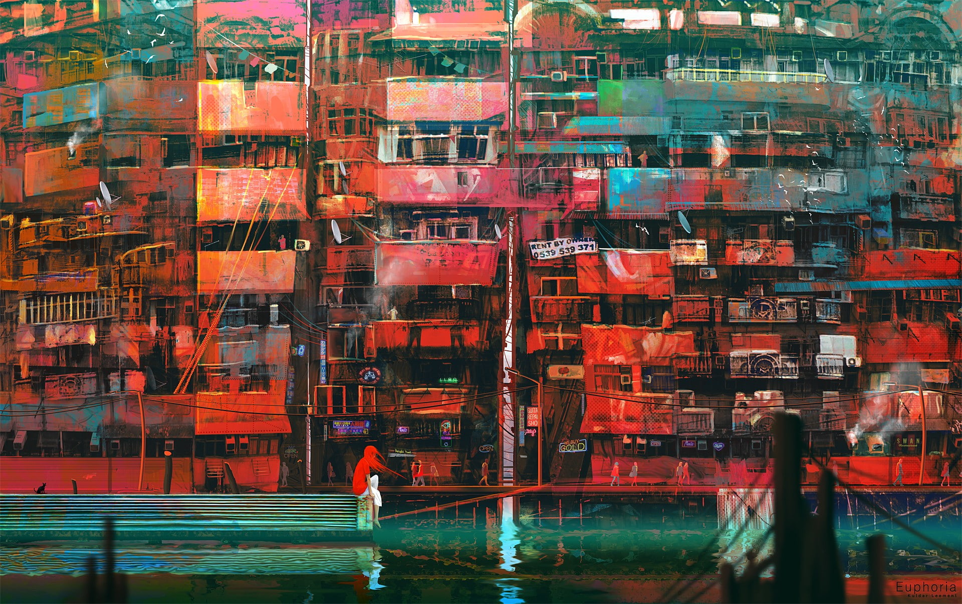 Kuldar Leement, 1080P, apartments, city, artwork, balcony, HD Wallpaper
