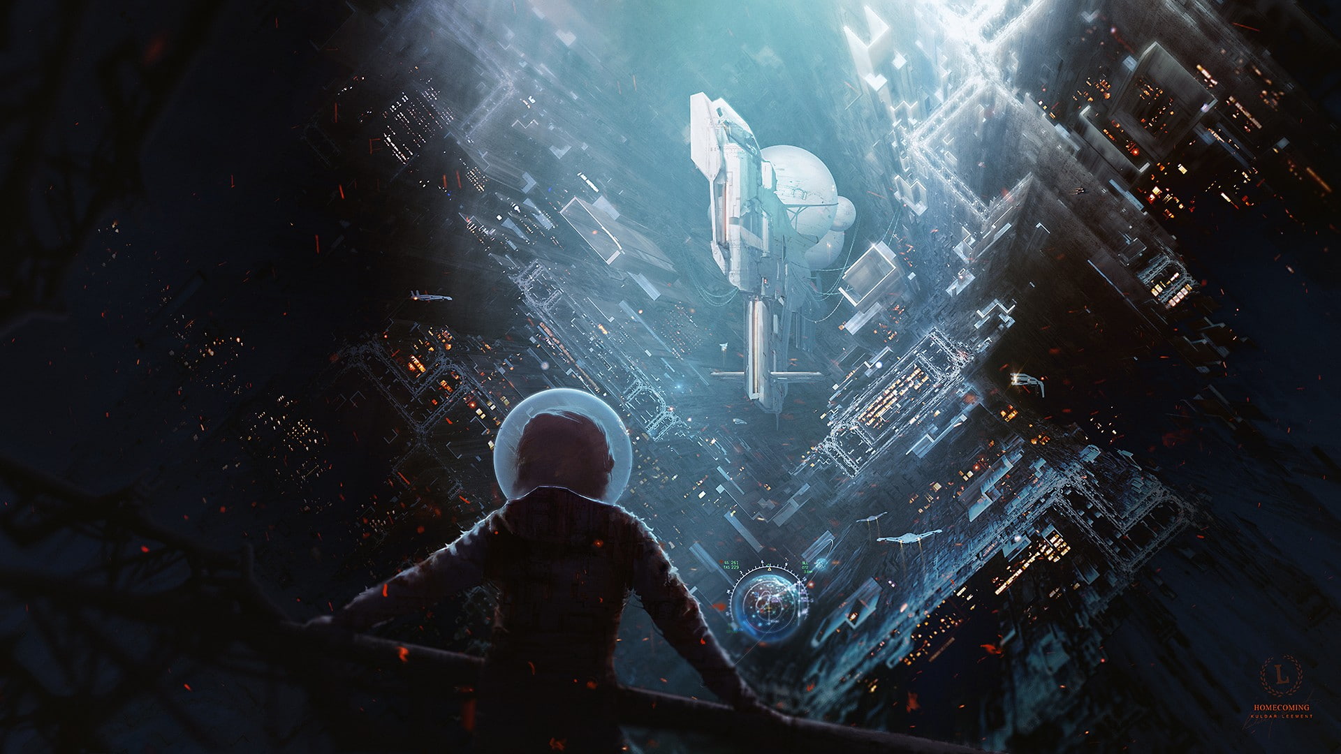 spaceship, artwork, space, science fiction, astronaut, futuristic city, futuristic, Kuldar Leement, 1080P, HD Wallpaper