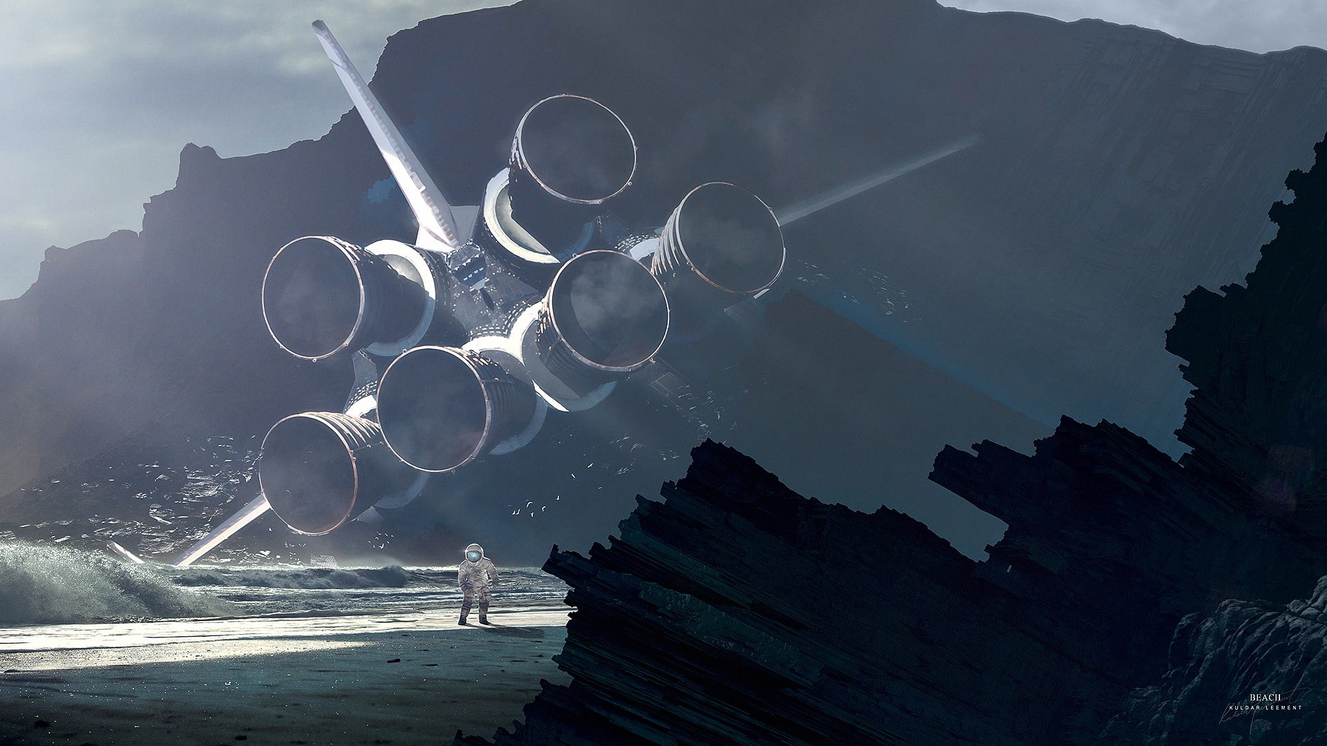Kuldar Leement, 1080P, beach, astronaut, space shuttle, HD Wallpaper