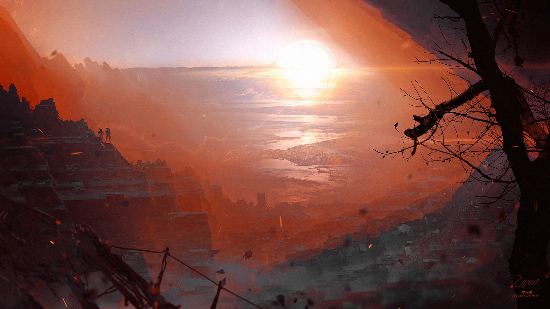 Kuldar Leement, trees, rock formation, fantasy art, video games, artwork, branch, silhouette, 1080P, HD Wallpaper