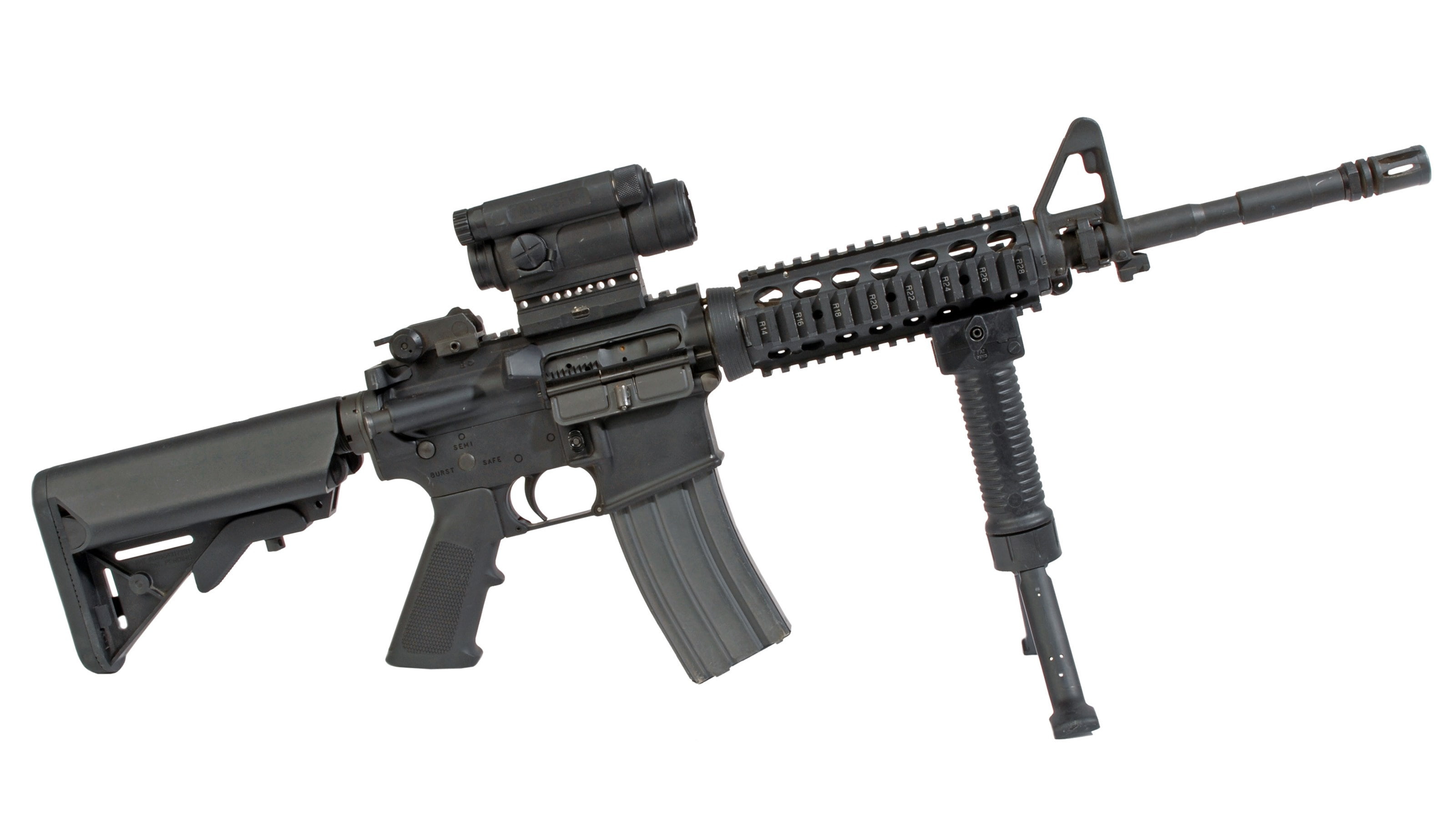 machinery, security, social issues, metal, violence, rifle, white background, indoors, machine gun, still life, warning sign, no people, m4 carbine, sign, HD Wallpaper