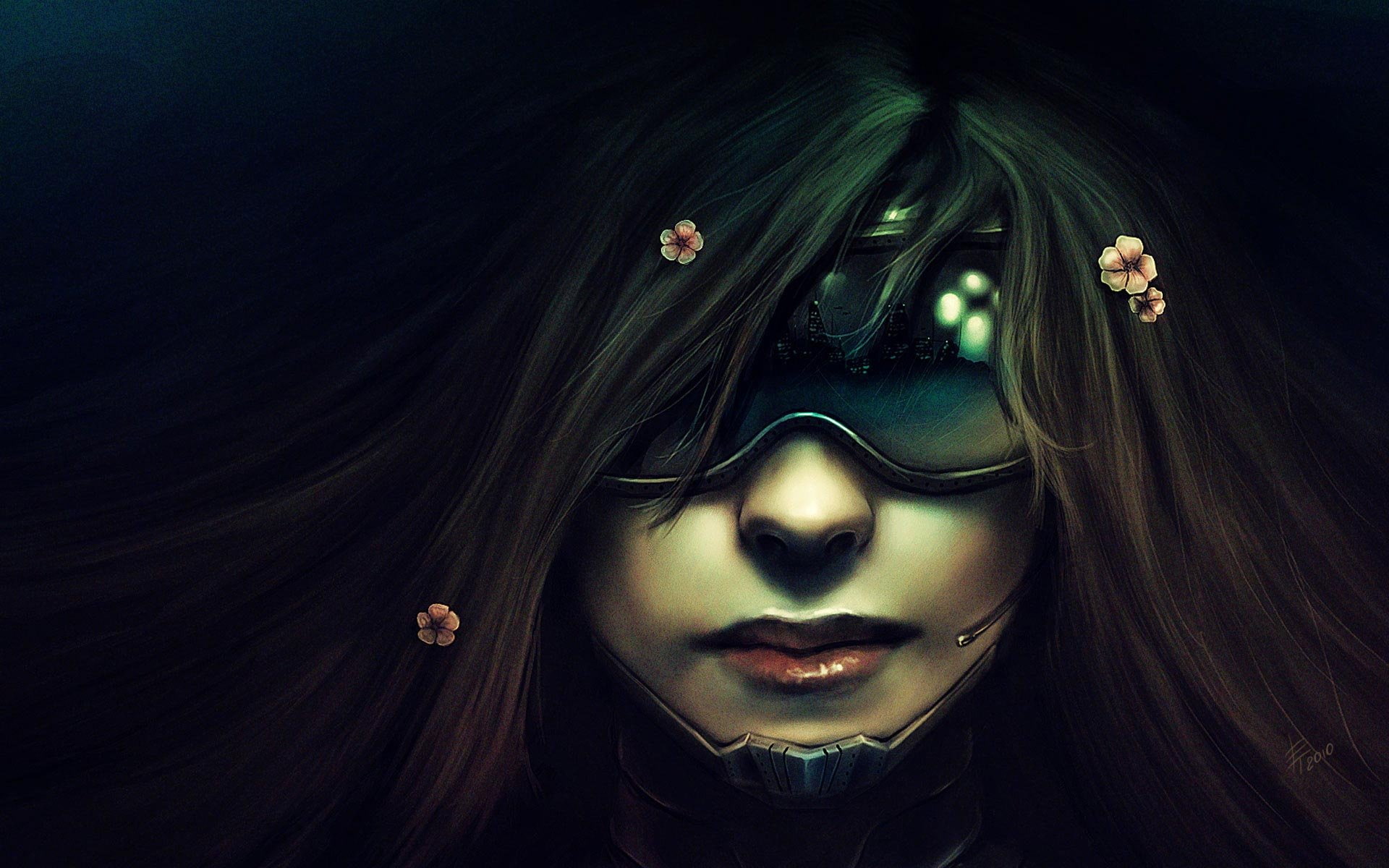 artwork, Neuromancer, Futuristic, Glasses, flowers, Long, 1080P, women, cyberpunk, hair, masks, HD Wallpaper