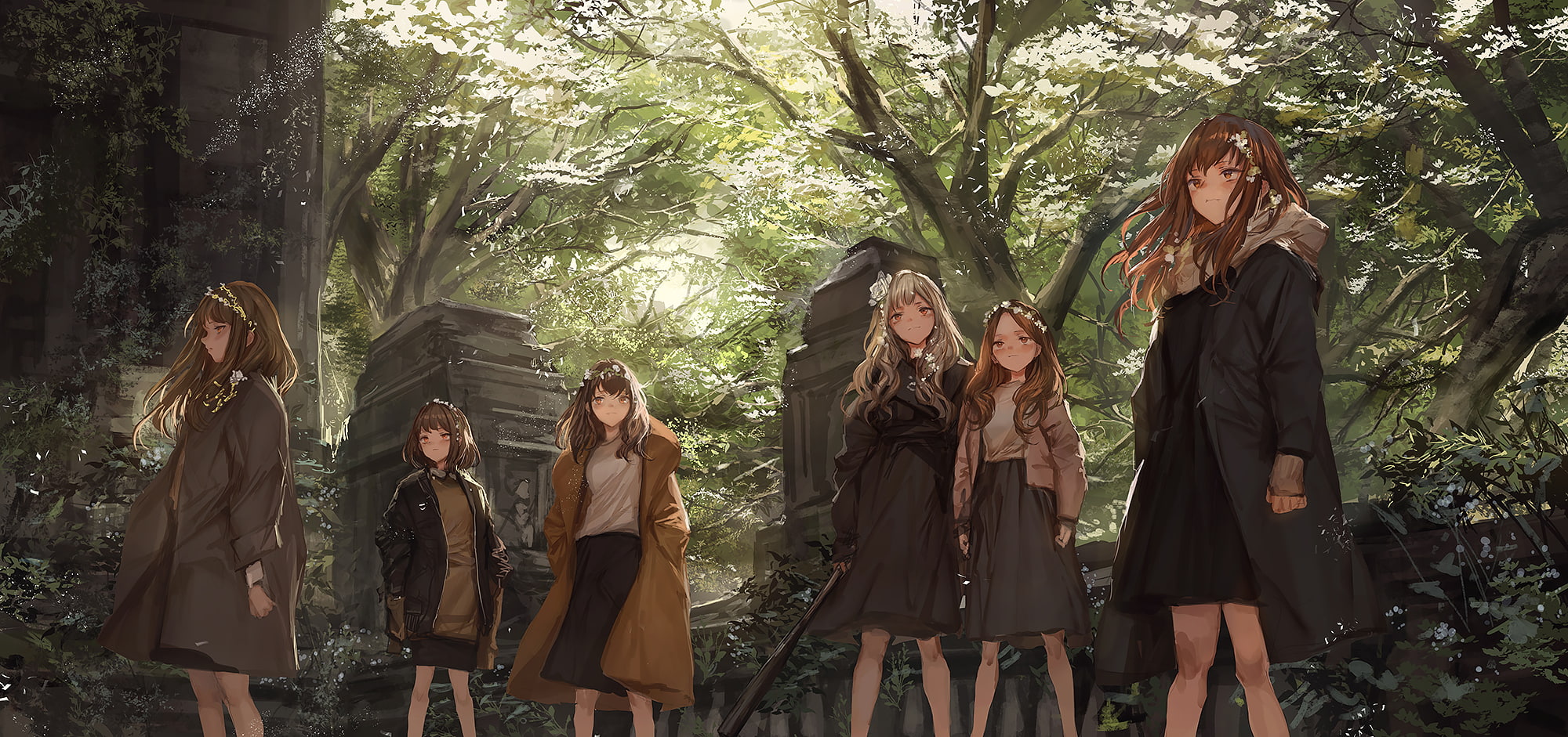 weapon, hair, group, orange, konachan, tree, dress, skirt, original, eyes, flowers, long, 260399, blonde, headdress, rose, short, forest, brown, com, 1080P, HD Wallpaper