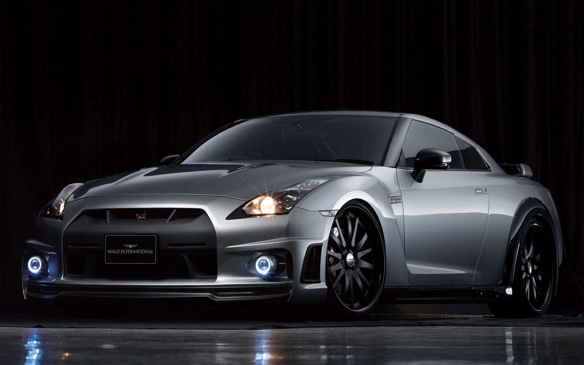 sports car, land vehicle, reflection, dark, transportation, Nissan GT-R R35, gray, luxury, silver colored, modern, indoors, no people, night, wealth, 1080P, HD Wallpaper