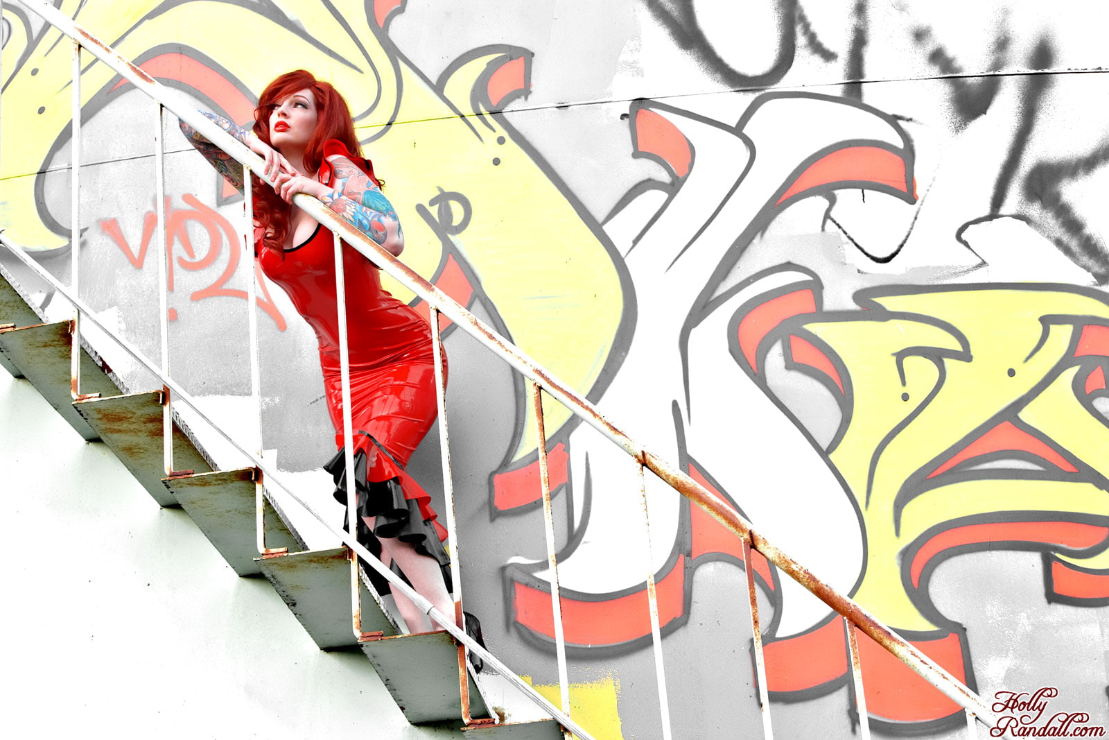 architecture, stairs, young adult, inked girls, built structure, representation, graffiti, 720P, latex, full length, wall - building feature, mural, red, HD Wallpaper