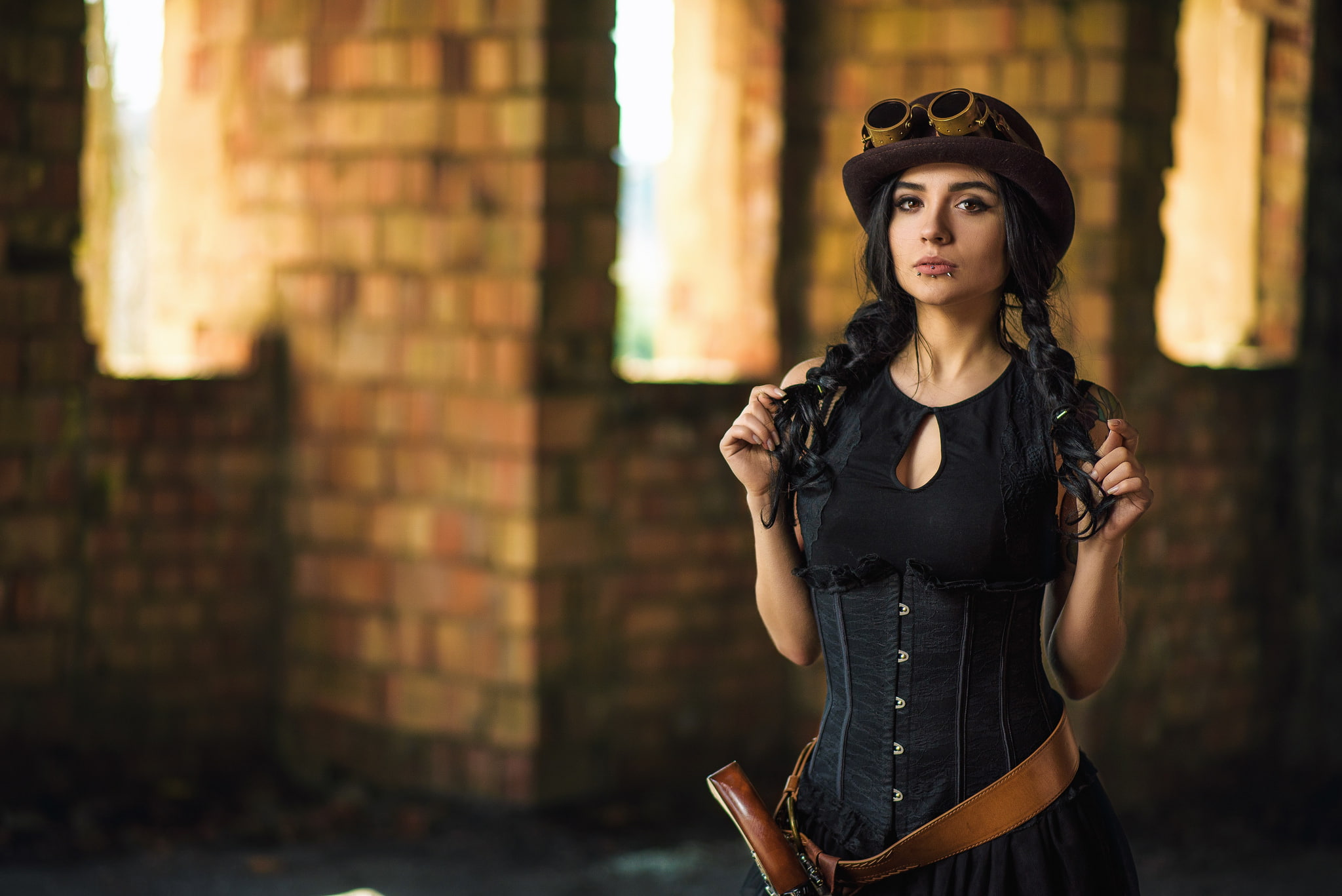 hat, ruin, Aleksa Tereschuk, steampunk, Dmitry Medved, 1080P, women, dark hair, HD Wallpaper