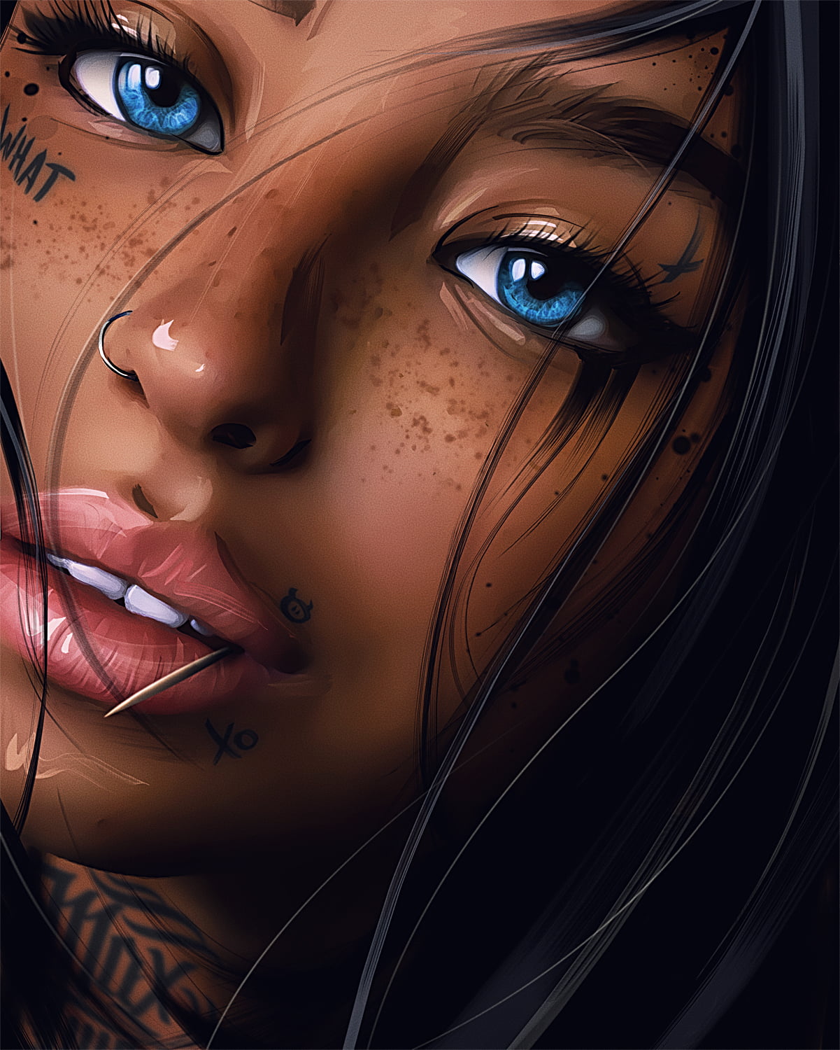 digital art, nose rings, looking at viewer, painting, portrait, Max Twain, black hair, 720P, juicy lips, inked girls, face, sensual gaze, tattoo, blue eyes, Phone HD Wallpaper
