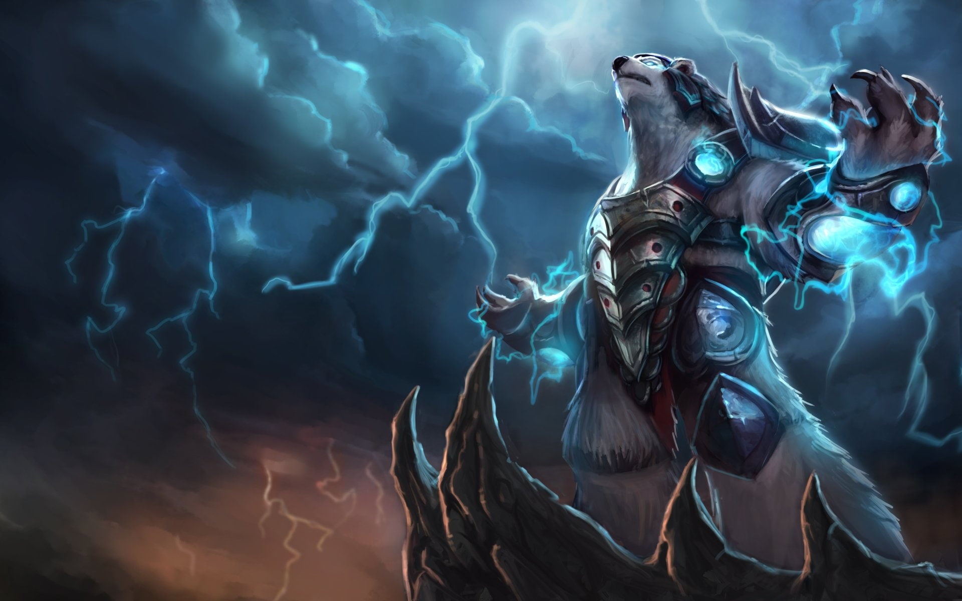 outdoors, cloud - sky, sky, power in nature, music, motion, art and craft, lightning, blue, League Of Legends, no people, Volibear (League Of Legends), HD Wallpaper
