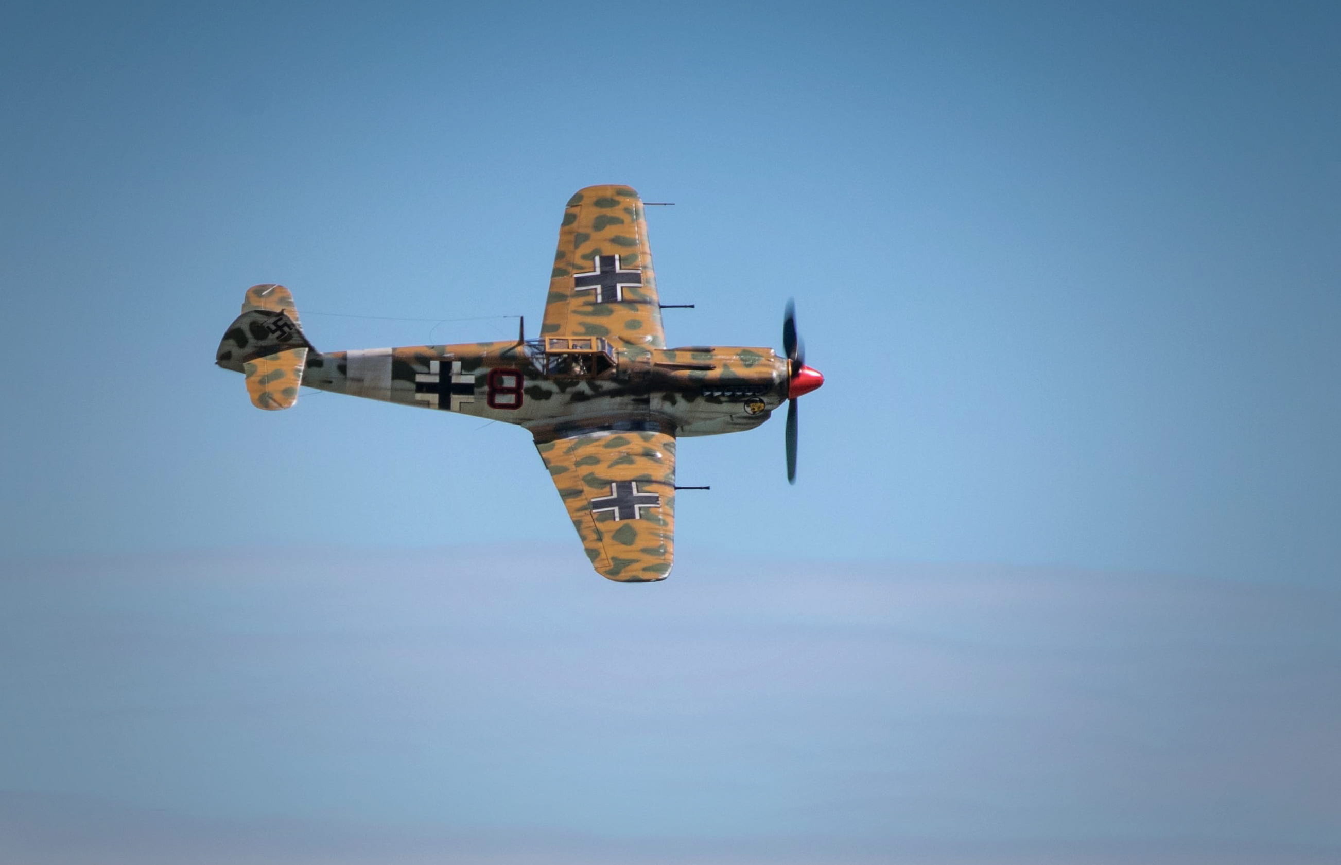 nature, fighter plane, airplane, no people, flying, military, mid-air, transportation, day, buchon, on the move, bf, clear sky, plane, yellow, fighter, HD Wallpaper