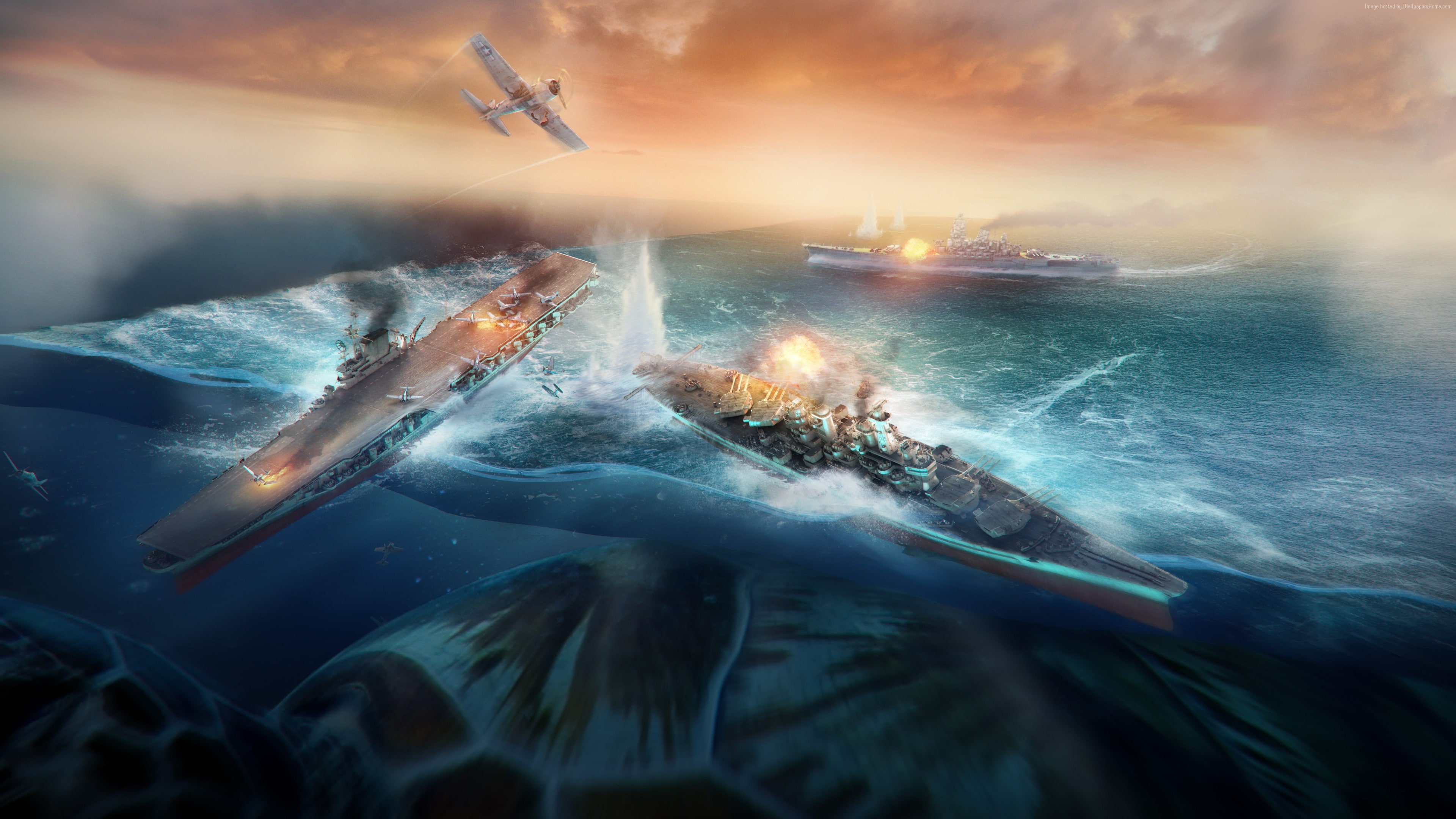 ship, MMORPG, Best Games of 2016, 4K, sea, simulator, water, fire, World of Warships, game, battle, storm, HD Wallpaper