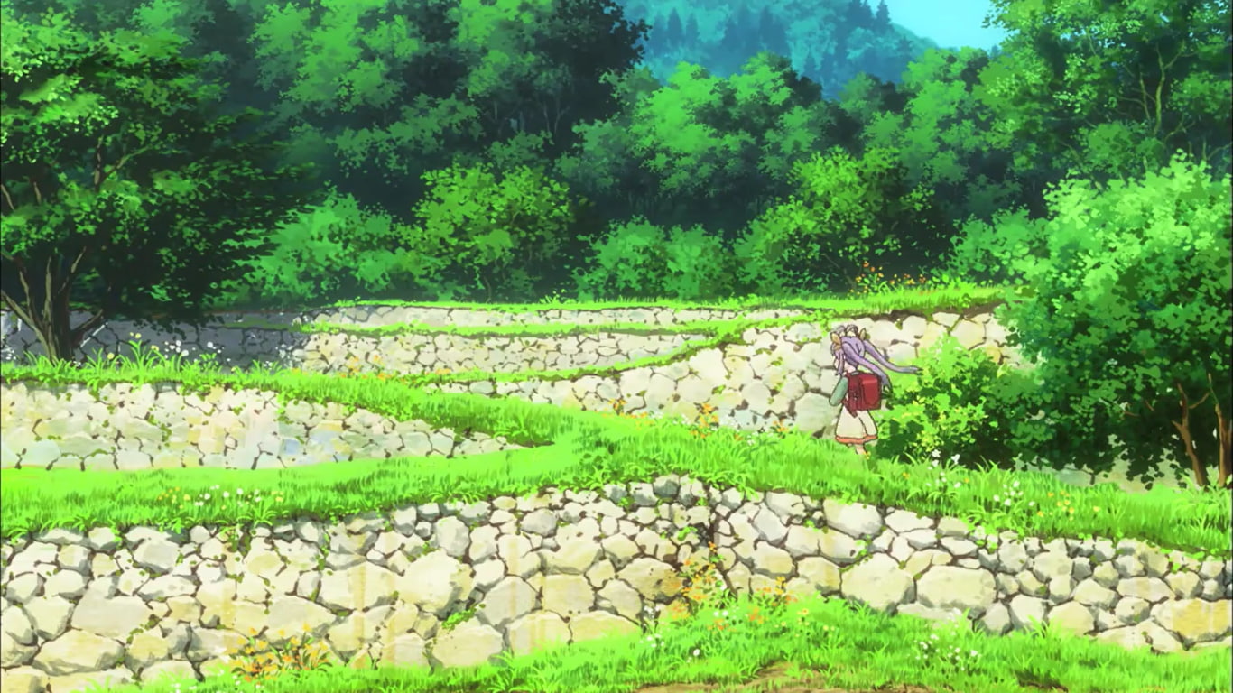 outdoors, solid, stone - object, anime, plant, real people, Non Non Biyori, green color, full length, day, one person, leisure activity, lifestyles, grass, HD Wallpaper