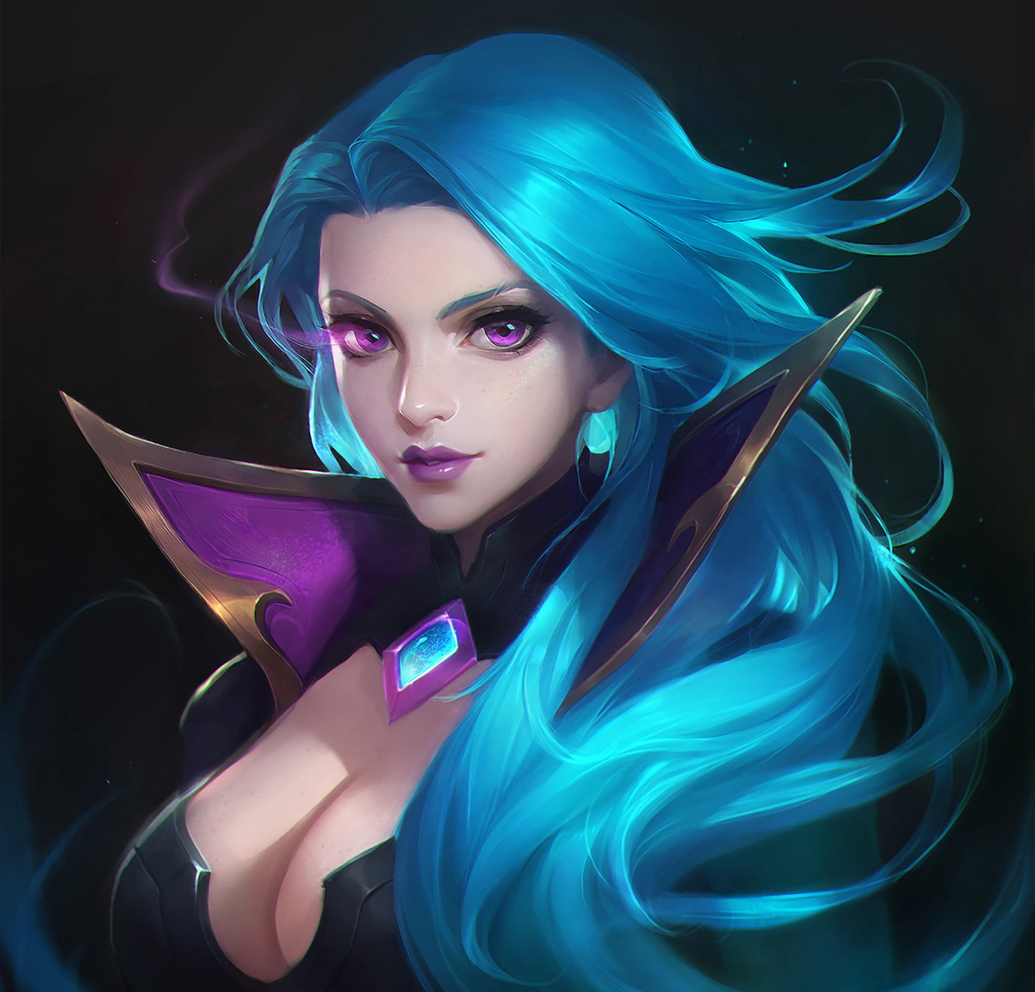 cleavage, long hair, women, purple lipstick, looking at viewer, Lasso, dress, 720P, glowing eyes, gems, blue hair, purple eyes, sapphire, drawing, portrait, HD Wallpaper