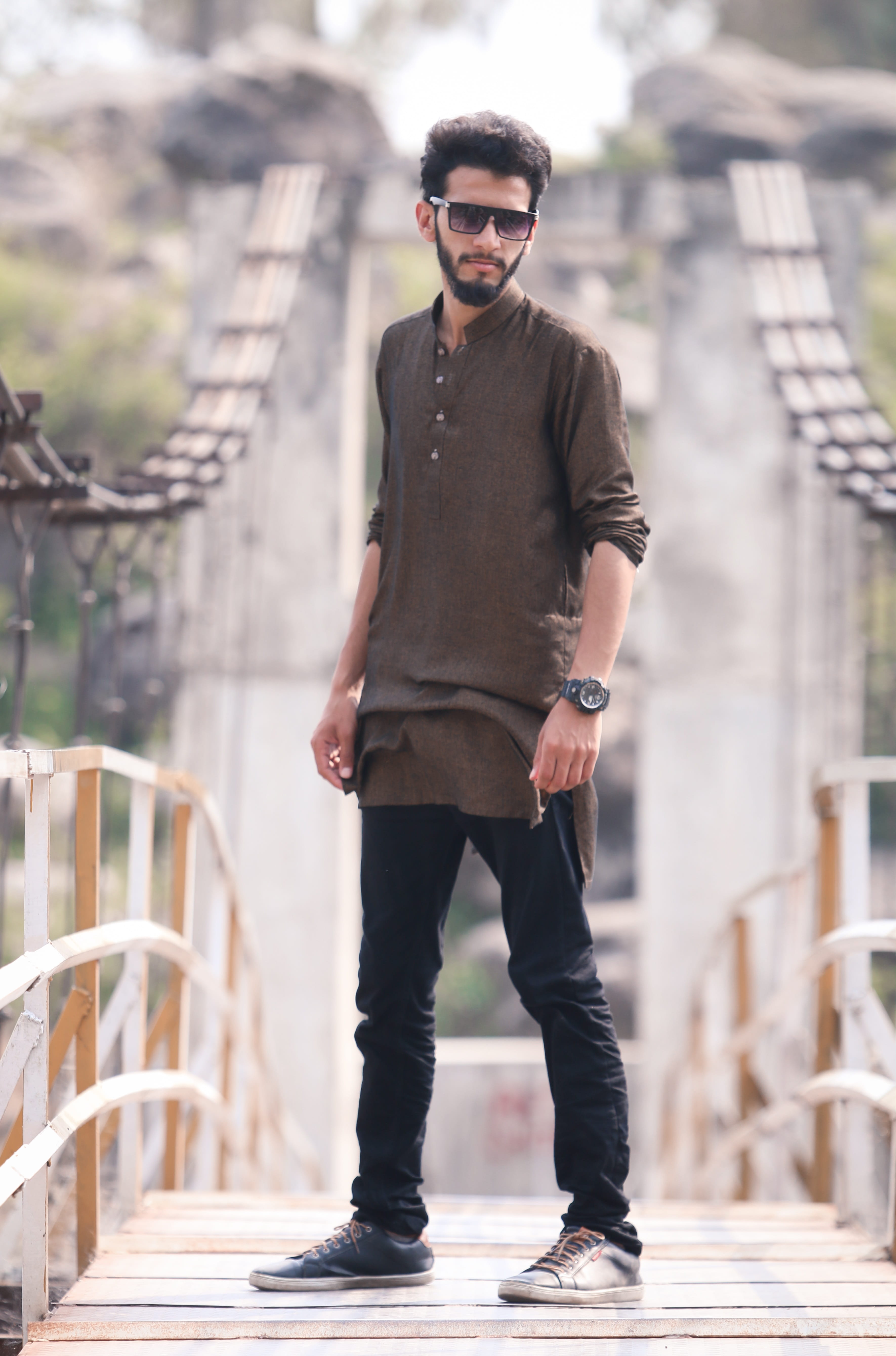 asian boys, bridge, young men, mans fashion, model, sunglasses, glasses, guy, man, nature, young, lifestyles, architecture, full length, 5K, real people, Phone HD Wallpaper