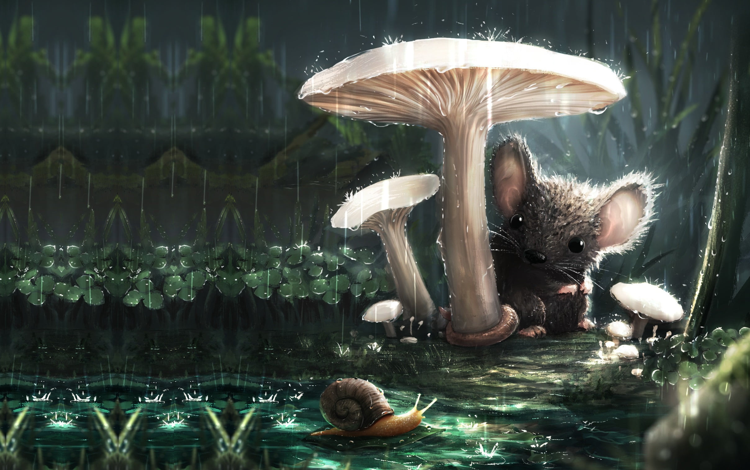 mushroom, A new friend, mouse, familiarity, 1080P, childrens, the rain, snail, friends, art, Sebastian Montecinos, summer, HD Wallpaper