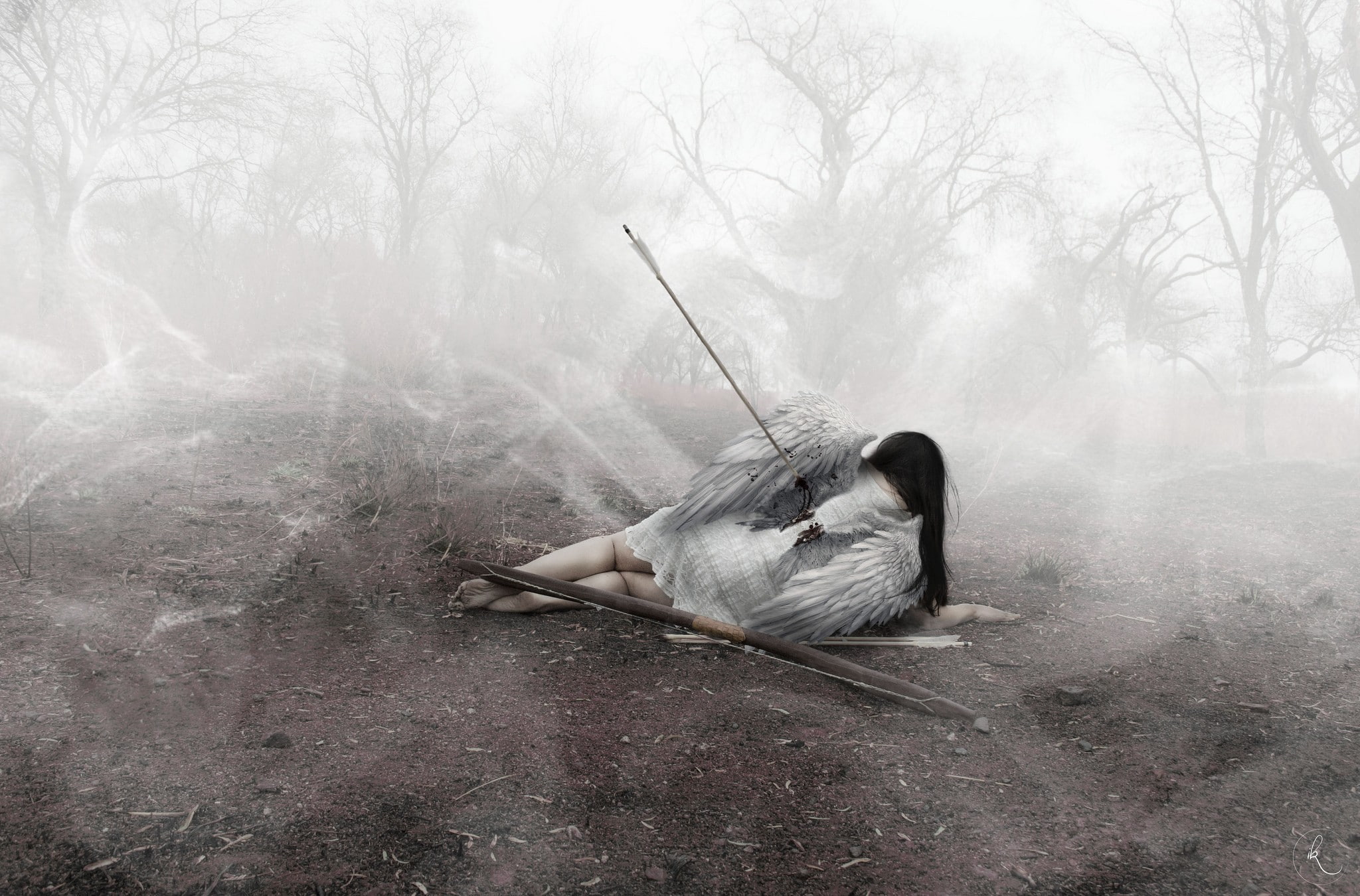 angel, tranquility, beauty, women, hairstyle, clothing, outdoors, young adult, forest, 1080P, tree, full length, plant, one person, fog, adult, photo manipulation, HD Wallpaper