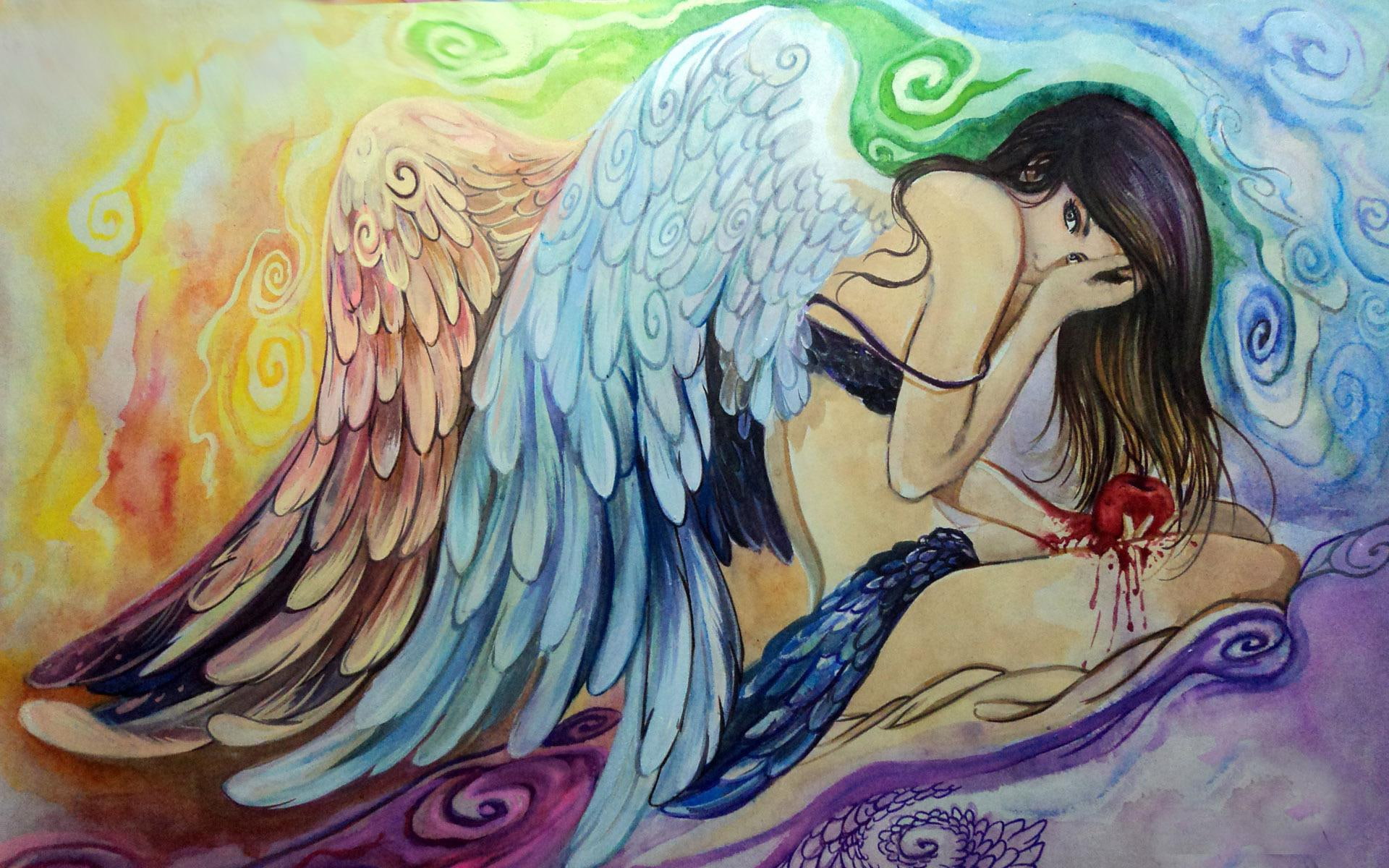 bloody, angel, wings, apple, 1920x1200, painting, face, artistic, 1080P, holding, blood, covering, woman, HD Wallpaper