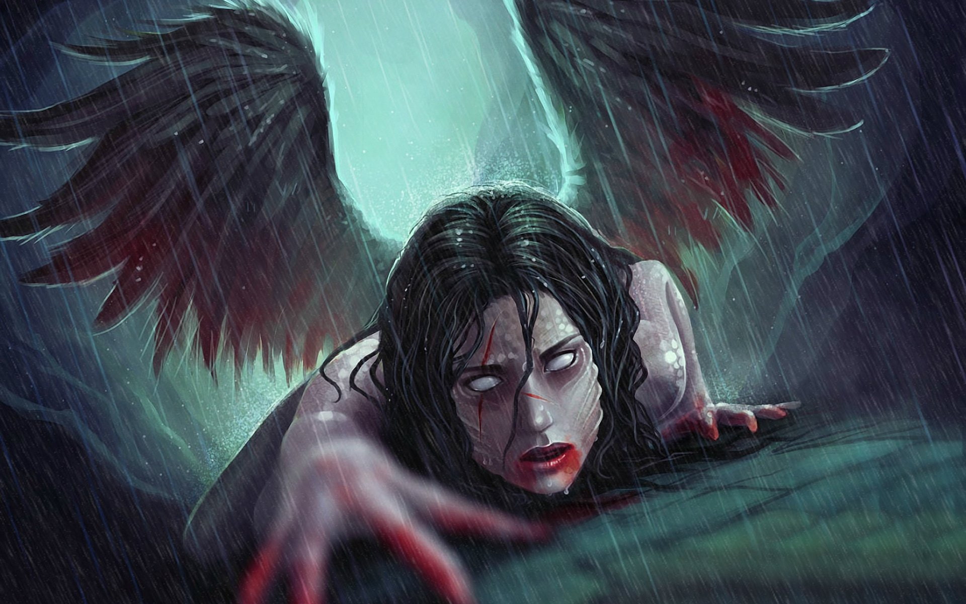 fantasy, fear, Dark, one person, 1080P, emotion, beautiful woman, hairstyle, white, eyes, rain, blood, hair, headshot, angel, spooky, nature, women, horror, HD Wallpaper