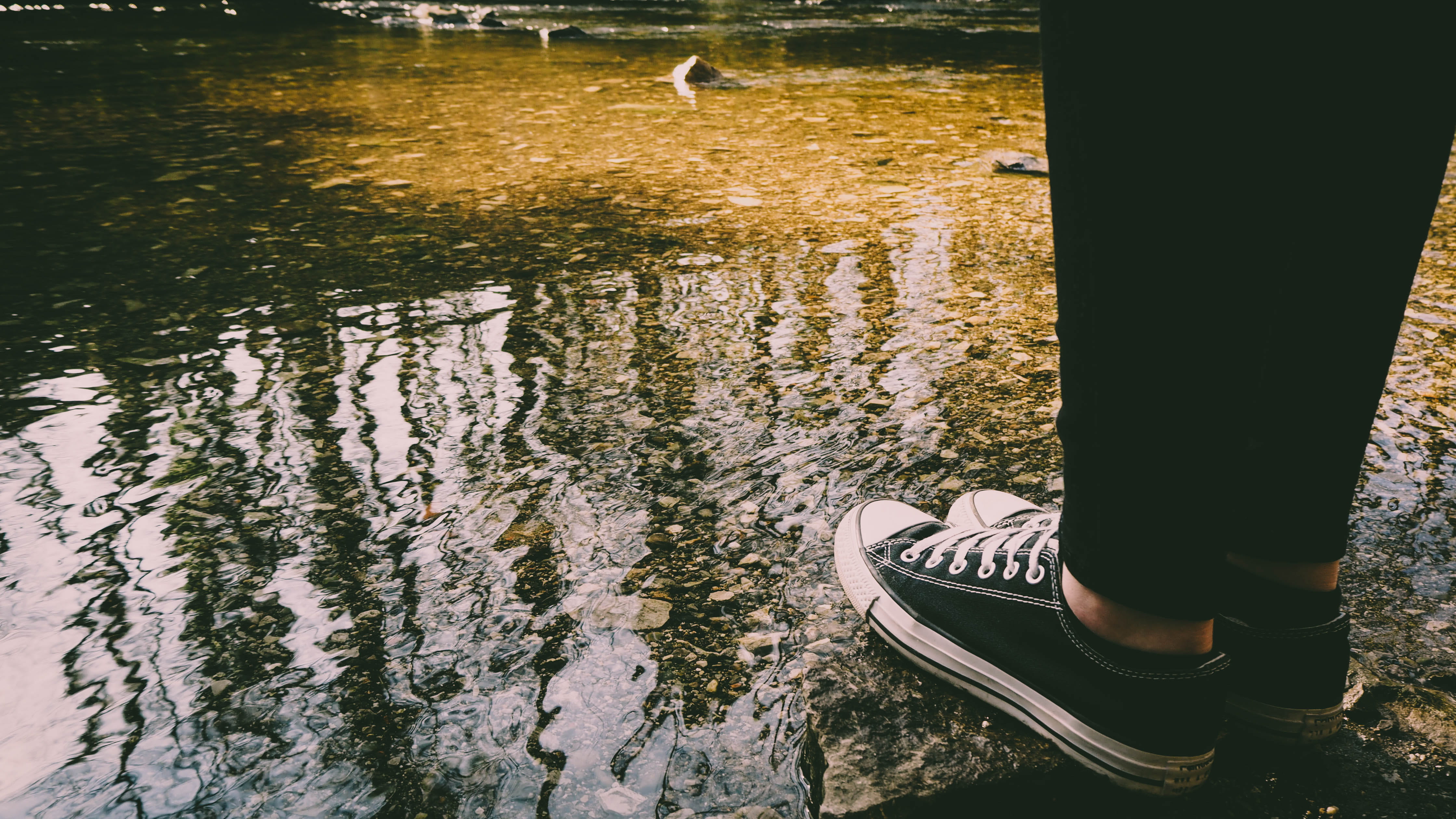 converse, unrecognizable person, leisure activity, human leg, low section, forest, standing, shoe, real people, river, 4K, outdoors, human body part, day, HD Wallpaper