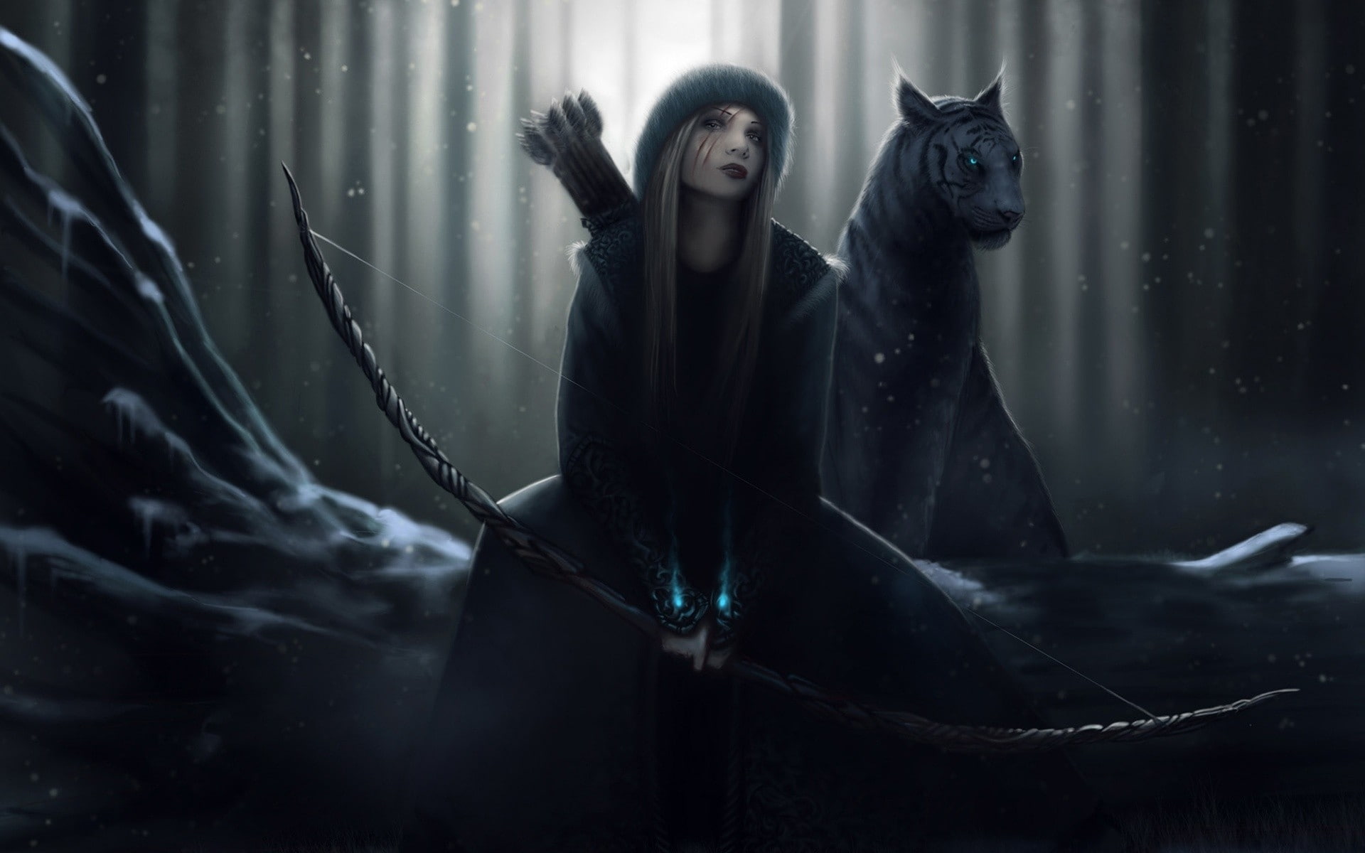 fear, mystery, females, fashion, scars, portrait, witch, snow, Fantasy, bizarre, women, animal wildlife, winter, 1080P, evil, archer, dark, white leopard, HD Wallpaper