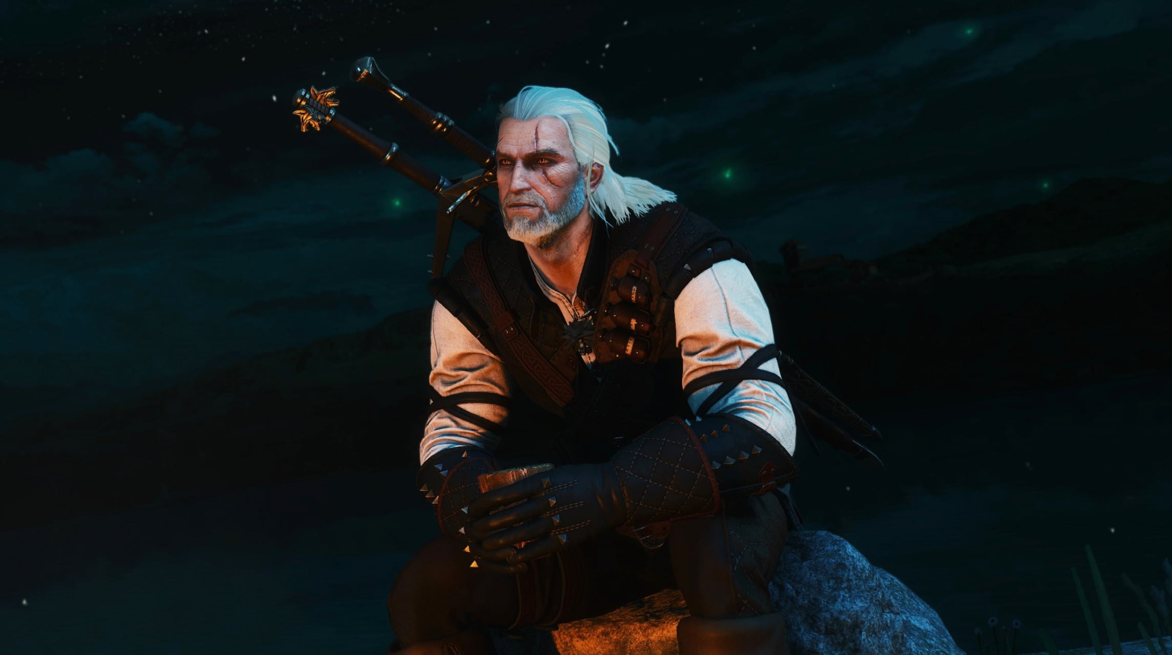 The Witcher, sitting, stars, The Witcher 3: Wild Hunt, CD Projekt RED, screen shot, video game characters, 1080P, Geralt of Rivia, orange eyes, Scar on Eye, HD Wallpaper