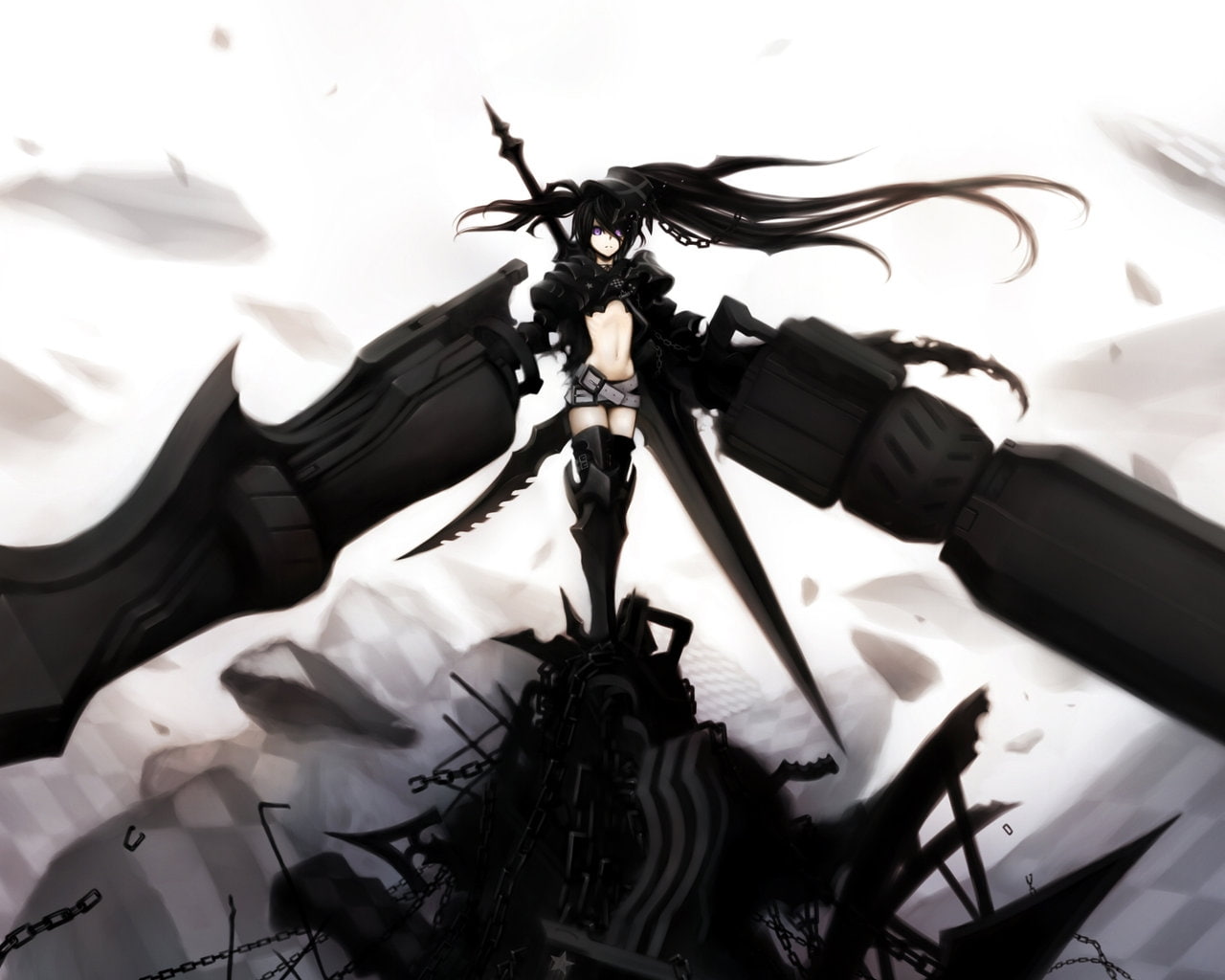 Black Rock Shooter, rock, shooter, kuroi, boots, g, hot, anime, black, weapons, blue, scar, hair, hd, katana, 720P, long, white, art, mato, eyes, HD Wallpaper