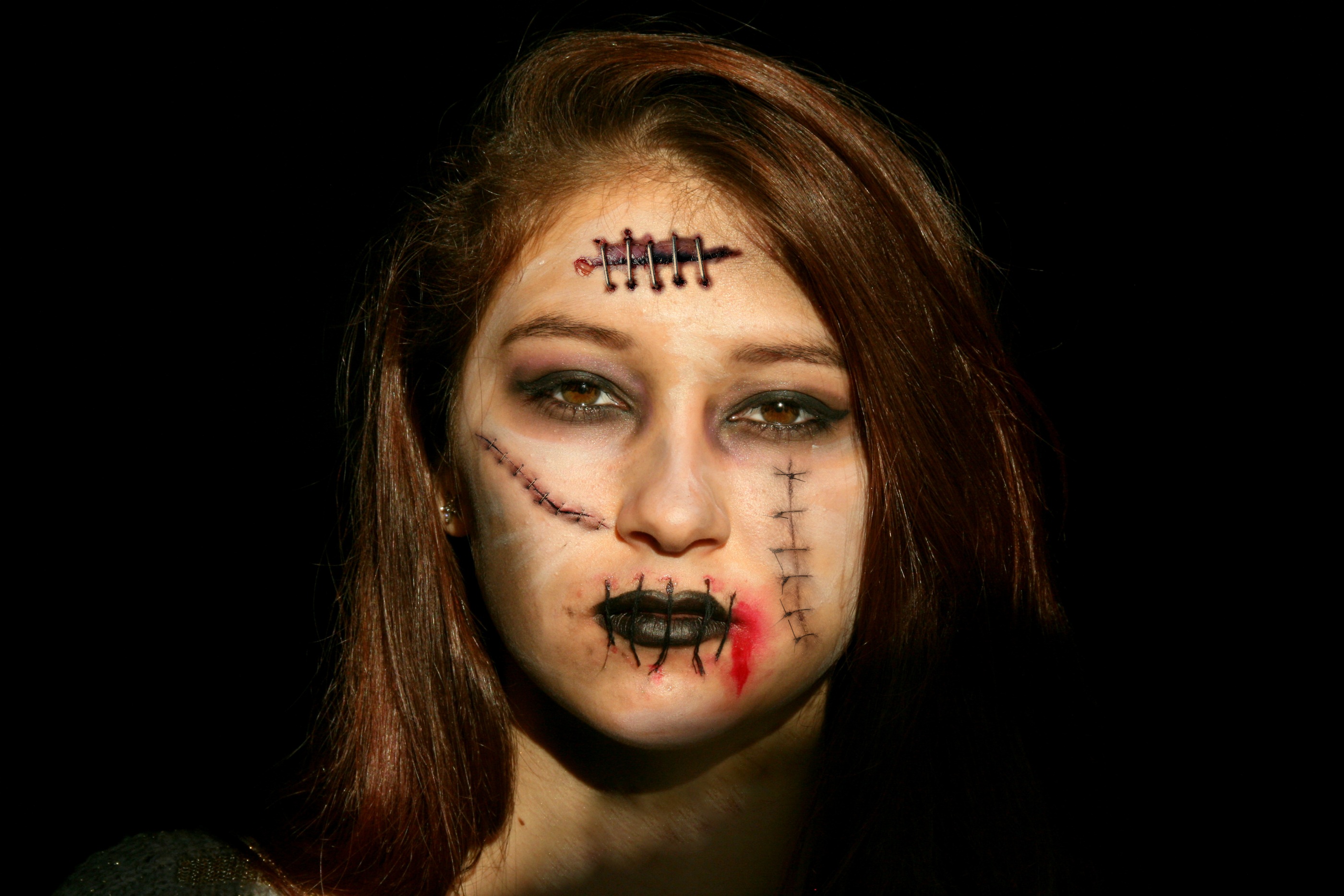 studio shot, halloween, stitch, white, horror, portrait, human face, emotion, selfie, looking at camera, spooky, beautiful woman, black background, human body part, HD Wallpaper