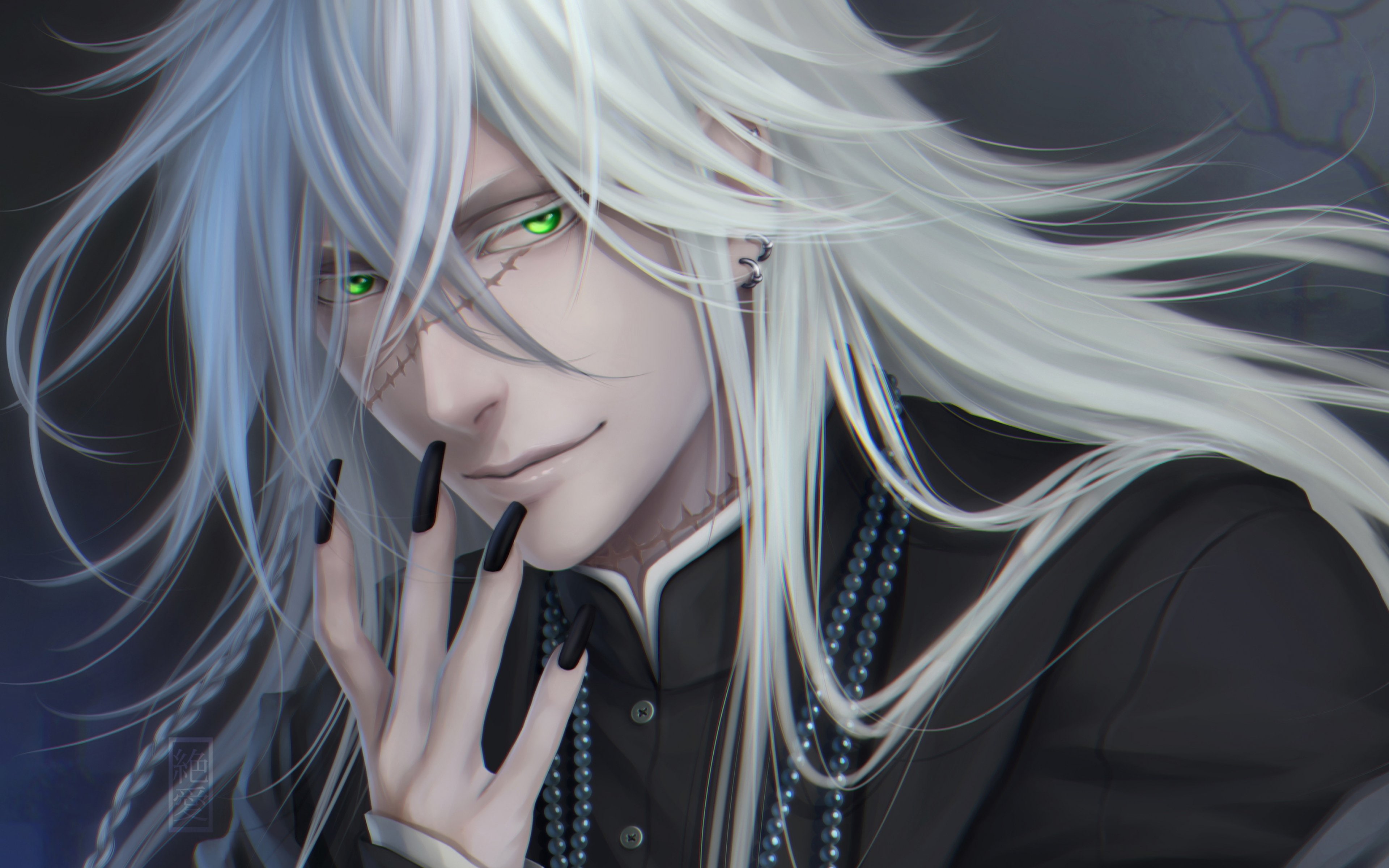 black, hair, fantasy, anime, face, scar, butler, character, white, 4K, original, HD Wallpaper