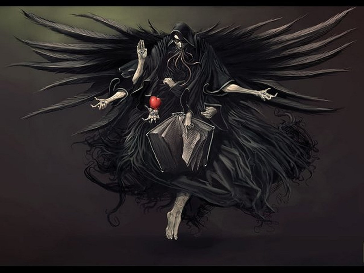 long hair, digital composite, feather, studio shot, creativity, red, black color, 720P, body part, gray background, aggression, gray, hairstyle, azrael, HD Wallpaper
