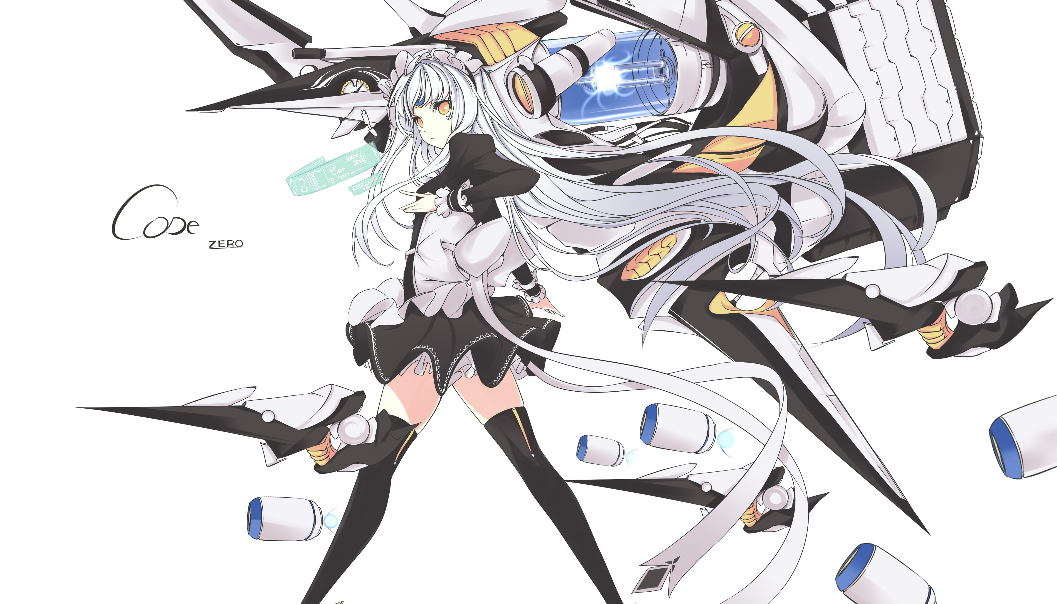 eyes, gray, eve, maid, thighhighs, mechagirl, 2K, white, hair, faefaea, long, elsword, yellow, HD Wallpaper