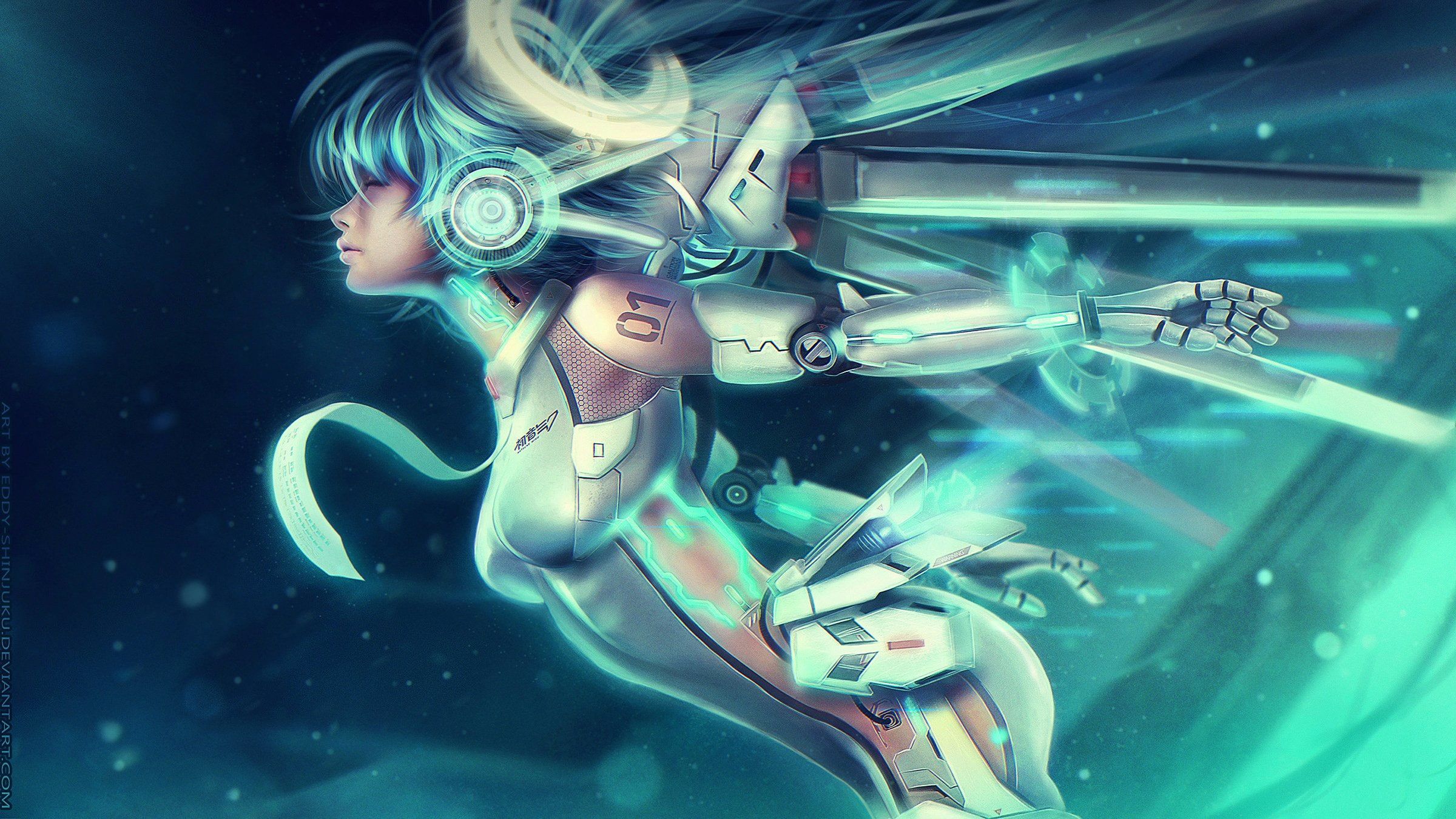 shinjuku, vocaloid, eddy, miku, hair, blue, 1080P, hatsune, mechagirl, bodysuit, watermark, HD Wallpaper