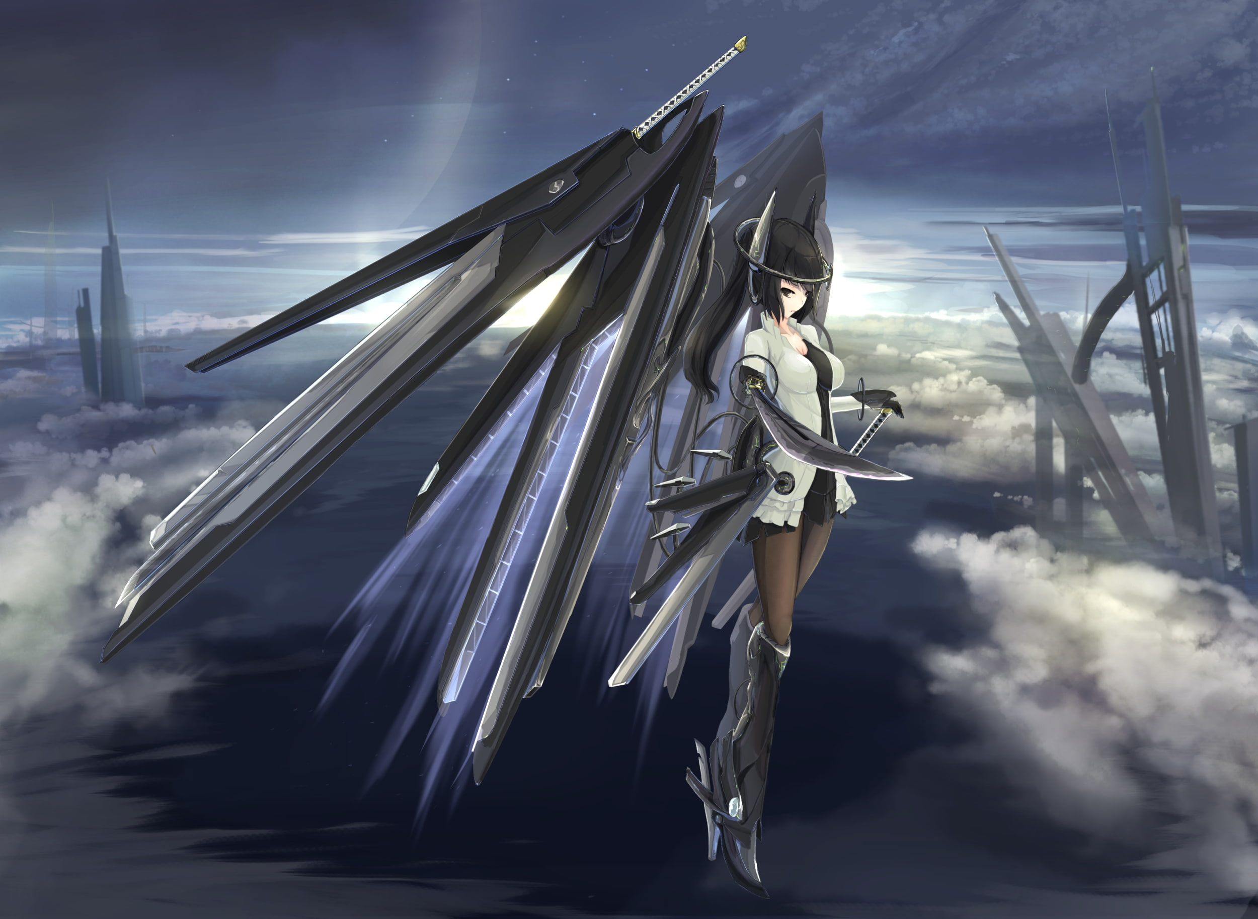 hair, 1080P, sky, clouds, original, weapon, boots, wings, black, sword, mechagirl, kikivi, eyes, HD Wallpaper