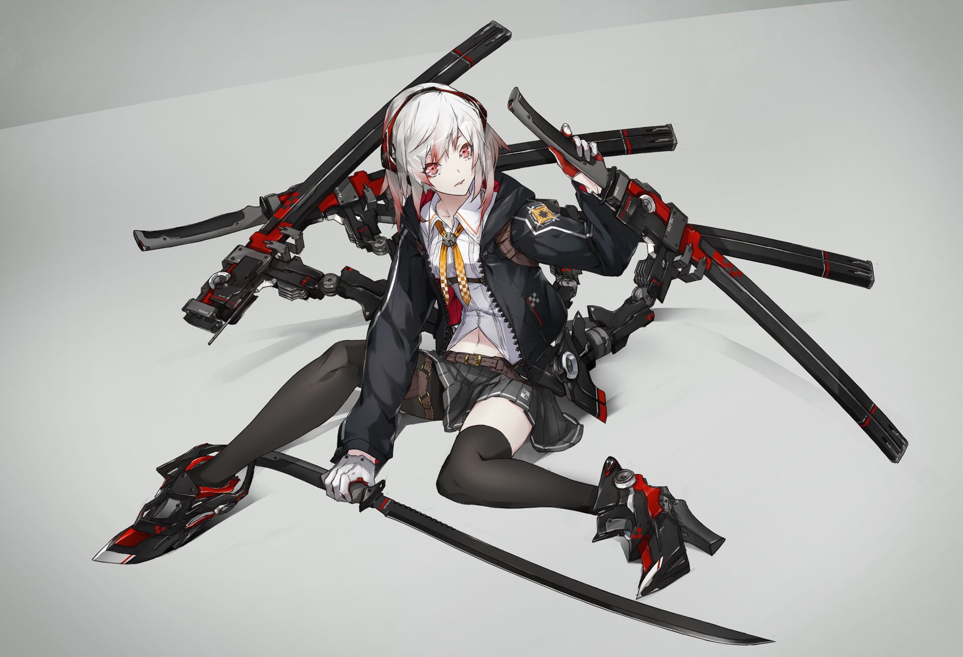 original, red, gloves, katana, white, 720P, sword, mechagirl, eyes, weapon, navel, thighhighs, skirt, HD Wallpaper