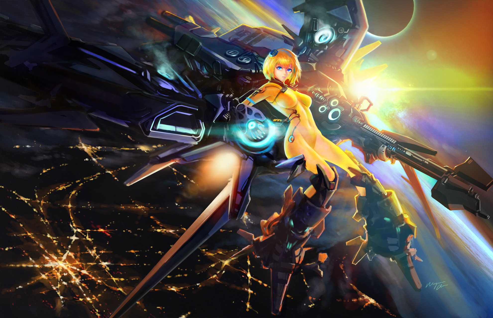 1080P, blue, mechagirl, skintight, shitub52, weapon, hair, mecha, eyes, city, gun, short, original, blonde, bodysuit, HD Wallpaper