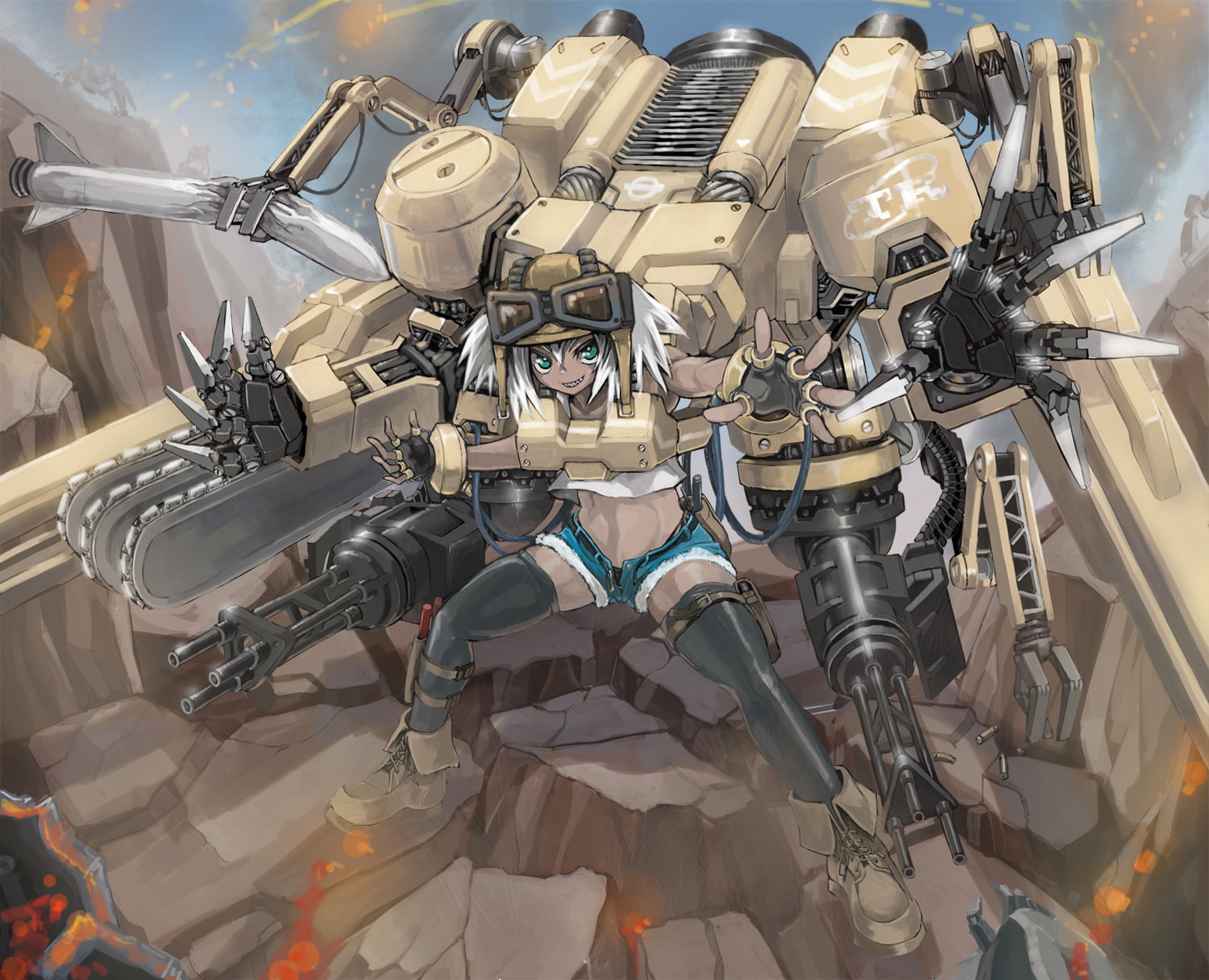 thighhighs, weapon, goggles, 720P, shorts, chainsaw, mechagirl, original, eyes, hair, green, short, gun, boots, gloves, white, HD Wallpaper