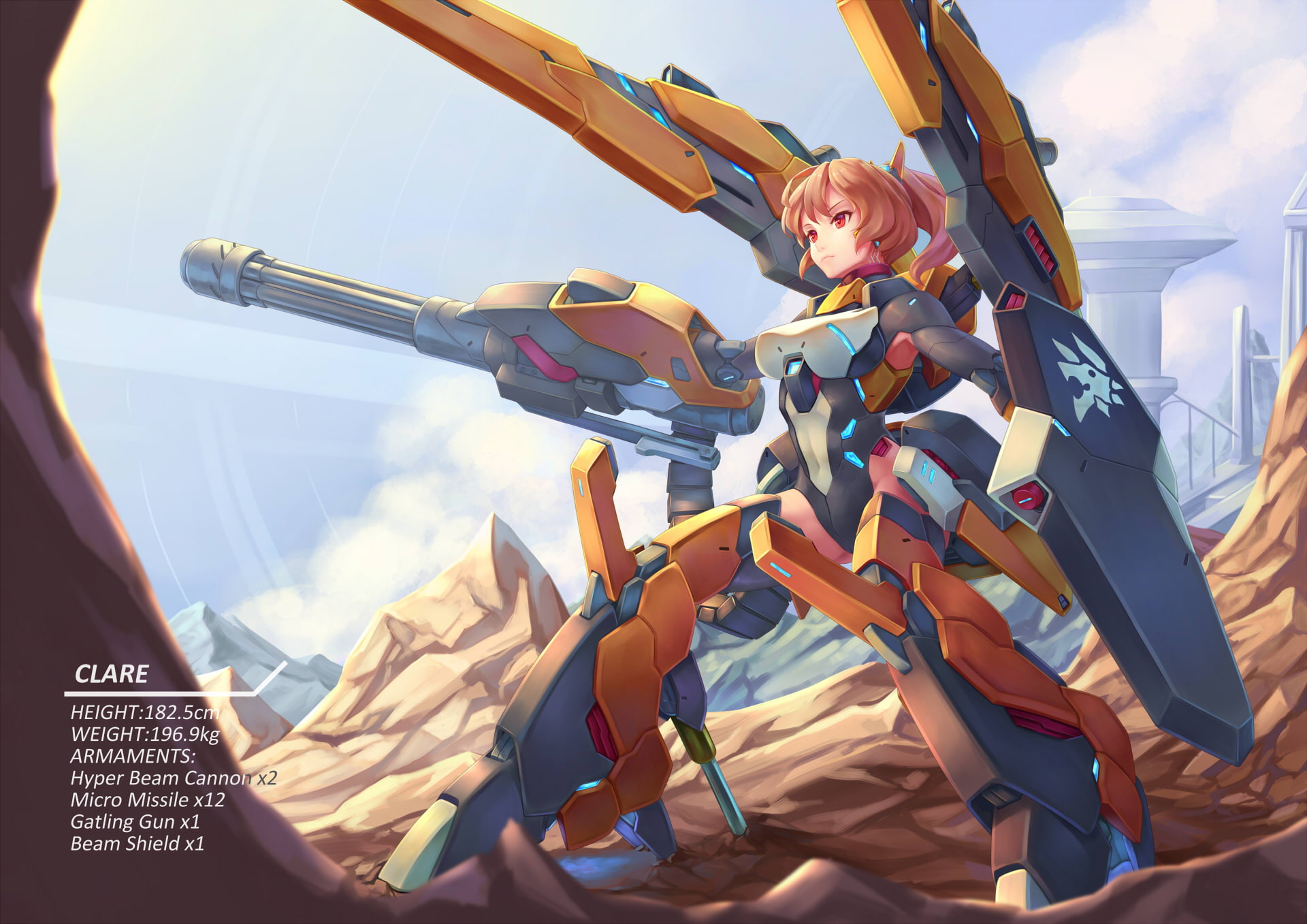 com, eyes, ponytail, building, brown, bigrbear, mechagirl, konachan, 256989, long, armor, hair, original, 1080P, red, sky, HD Wallpaper