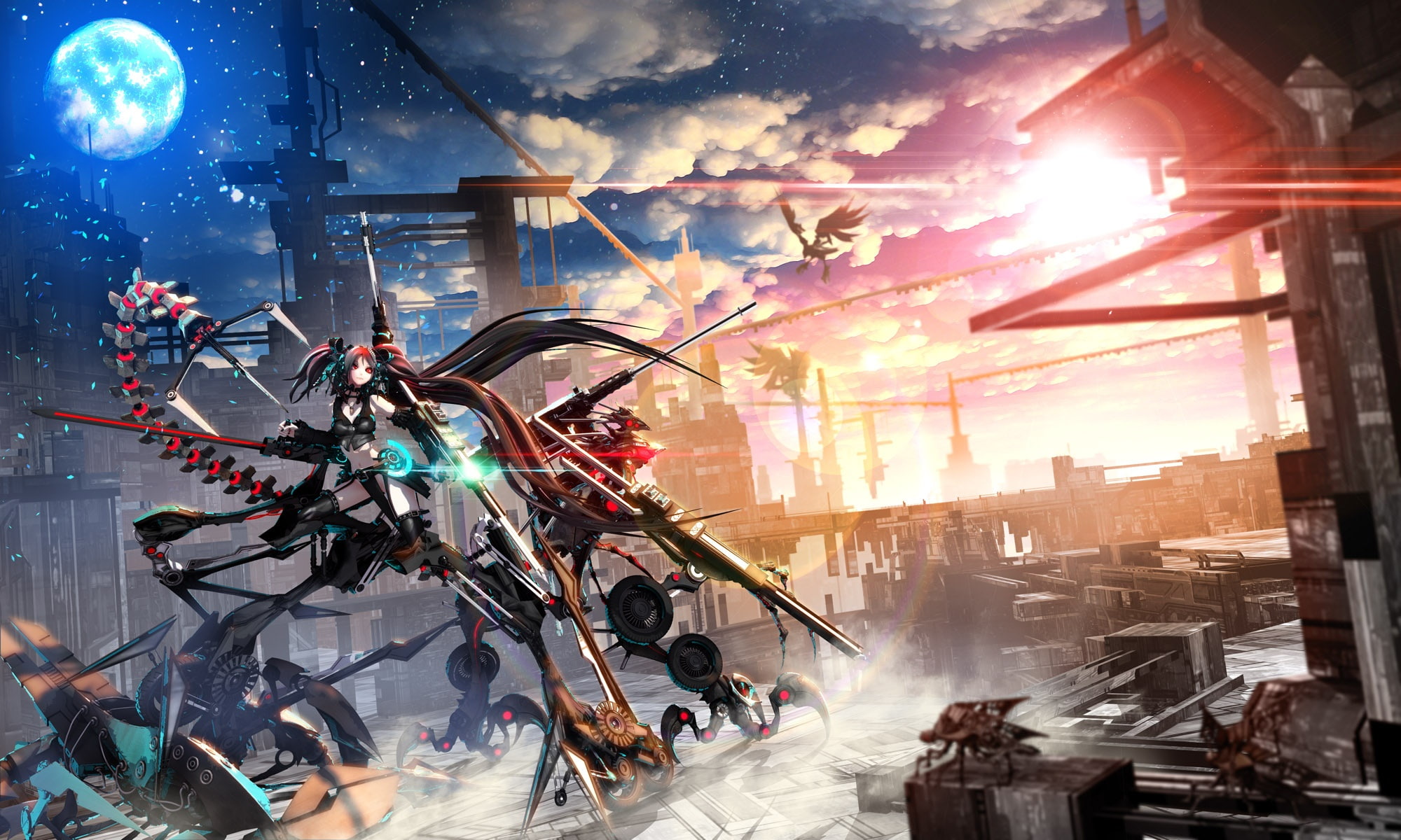 maeda, mechagirl, building, techgirl, sky, artifacts, 1080P, koutarou, jpeg, hair, scenic, clouds, long, 246559, city, com, original, konachan, moon, HD Wallpaper