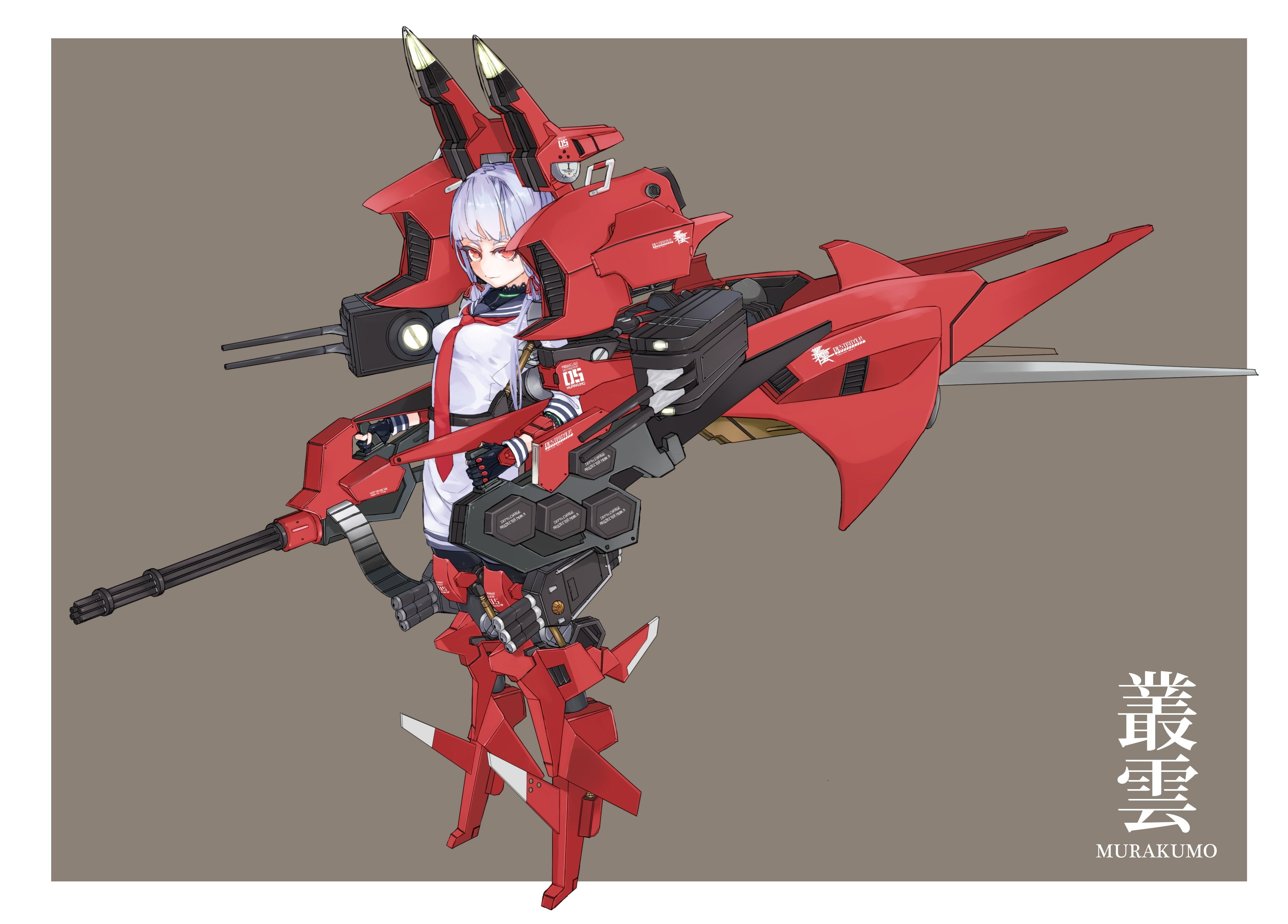 seifuku, mechagirl, red, purple, kancolle, gun, 4K, eyes, tie, murakumo, hair, kumonji, kantai, aruto, collection, weapon, HD Wallpaper